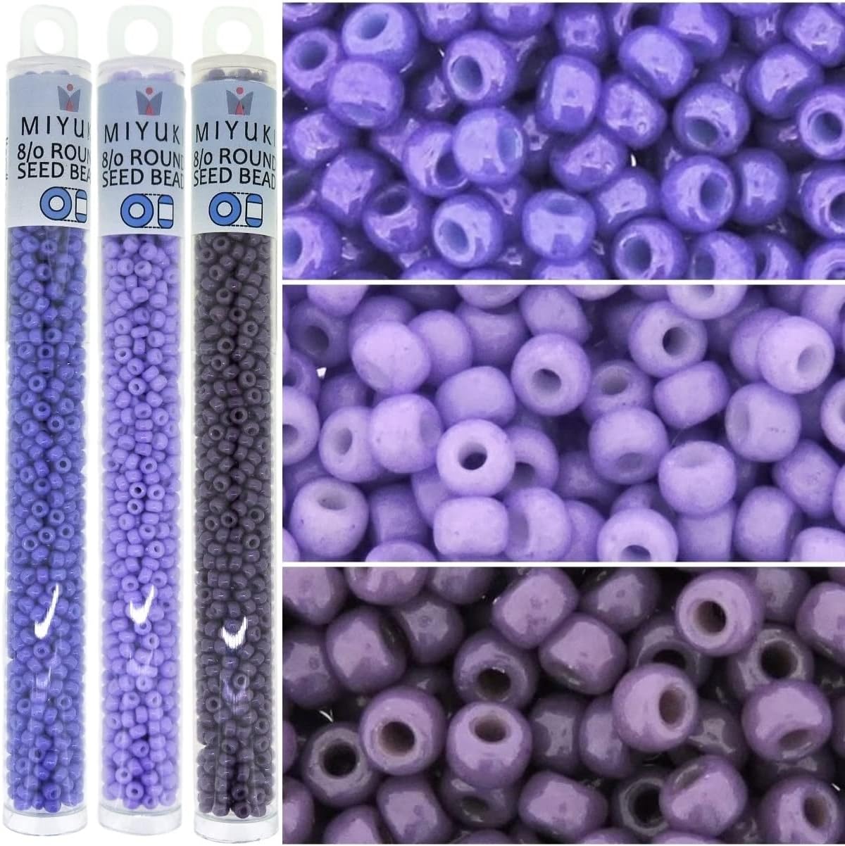 Set of 3 Colors - Miyuki Seed Beads Size 8/0 Purple Collection, 8-1477, 8-4488, 8-4490, 22GM Tubes - 66 Grams Total