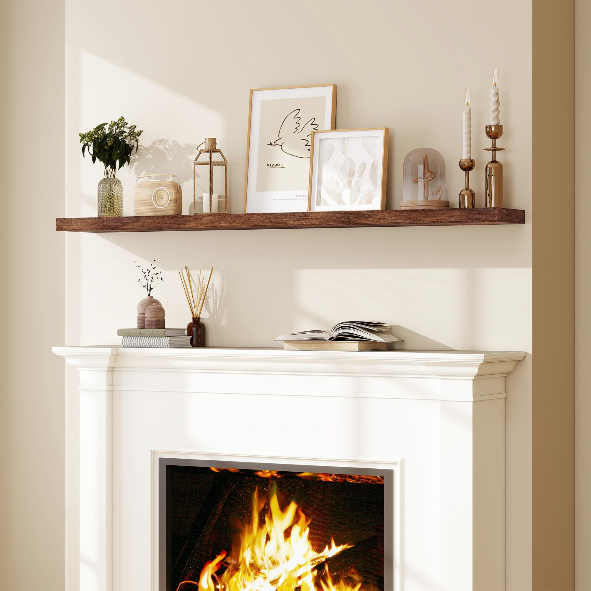 Fun Memories 66 Inch Fireplace Mantel Shelf with Invisible Bracket, 8 Inch Deep Floating Shelf for Living Room, Kitchen, Farmhouse, Brown