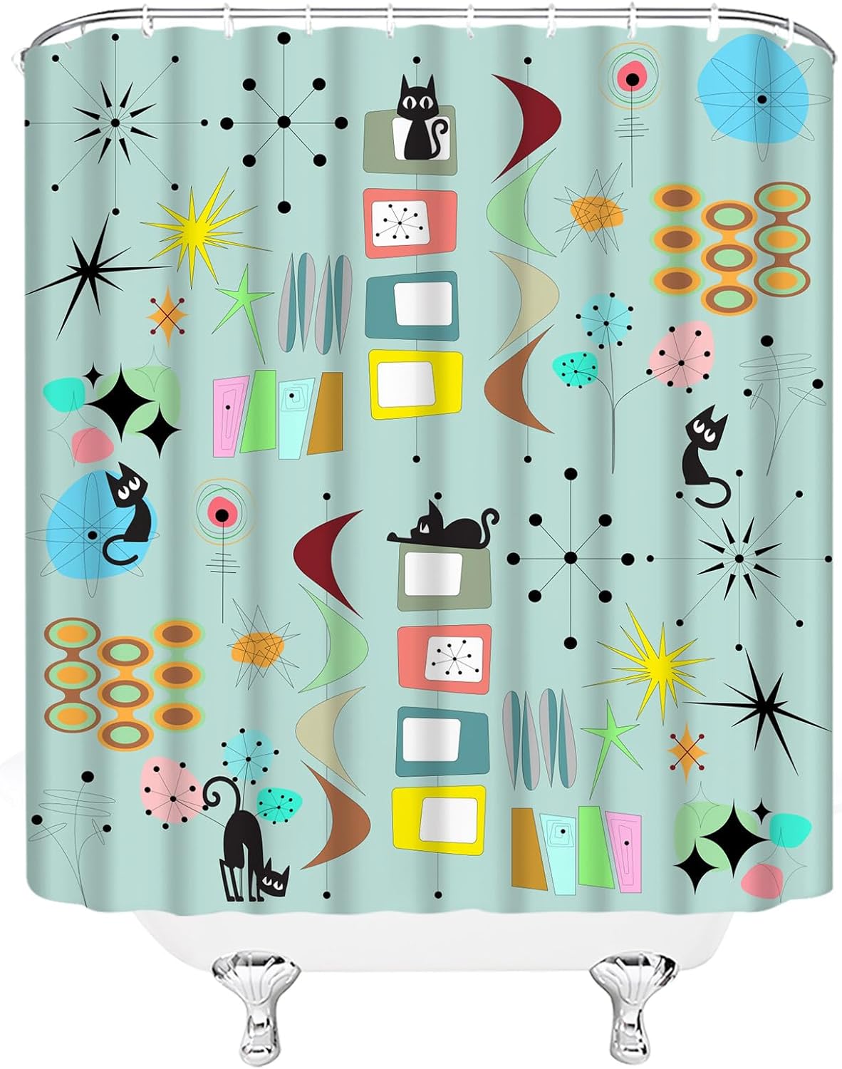 Mid Century Shower Curtain Black Cat Atomic 1950s 1960s Abstract Geometric Minimalist 70" Wx84 H Fabric Bathroom Decor Curtain with Hooks