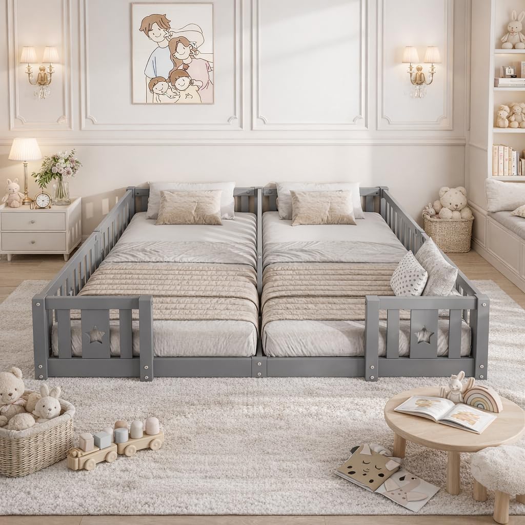 Letto Montessori Doppio 2x90x200 in Legno Massello, Letto Bambini con Sponde di Sicurezza, Letto a Terra per Cameretta, Letto Bambini Montessori, senza Rete a Doghe, Grigio