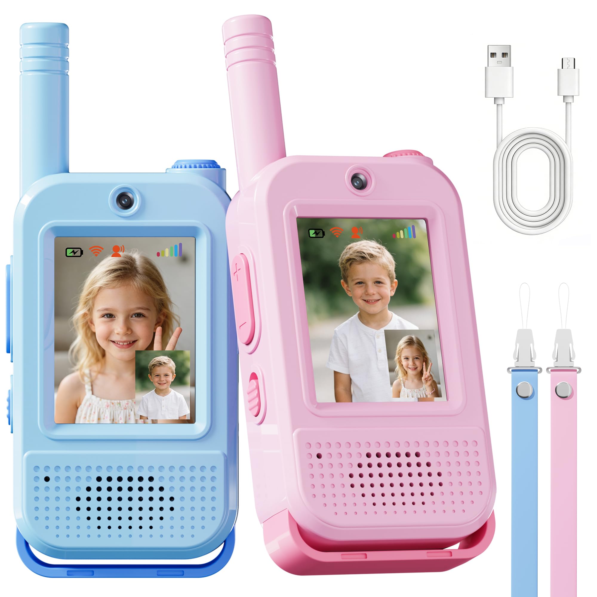 TIATUA Walkie Talkie Video Bambini, Set da 2 Ricaricabile, Blu/Rosa