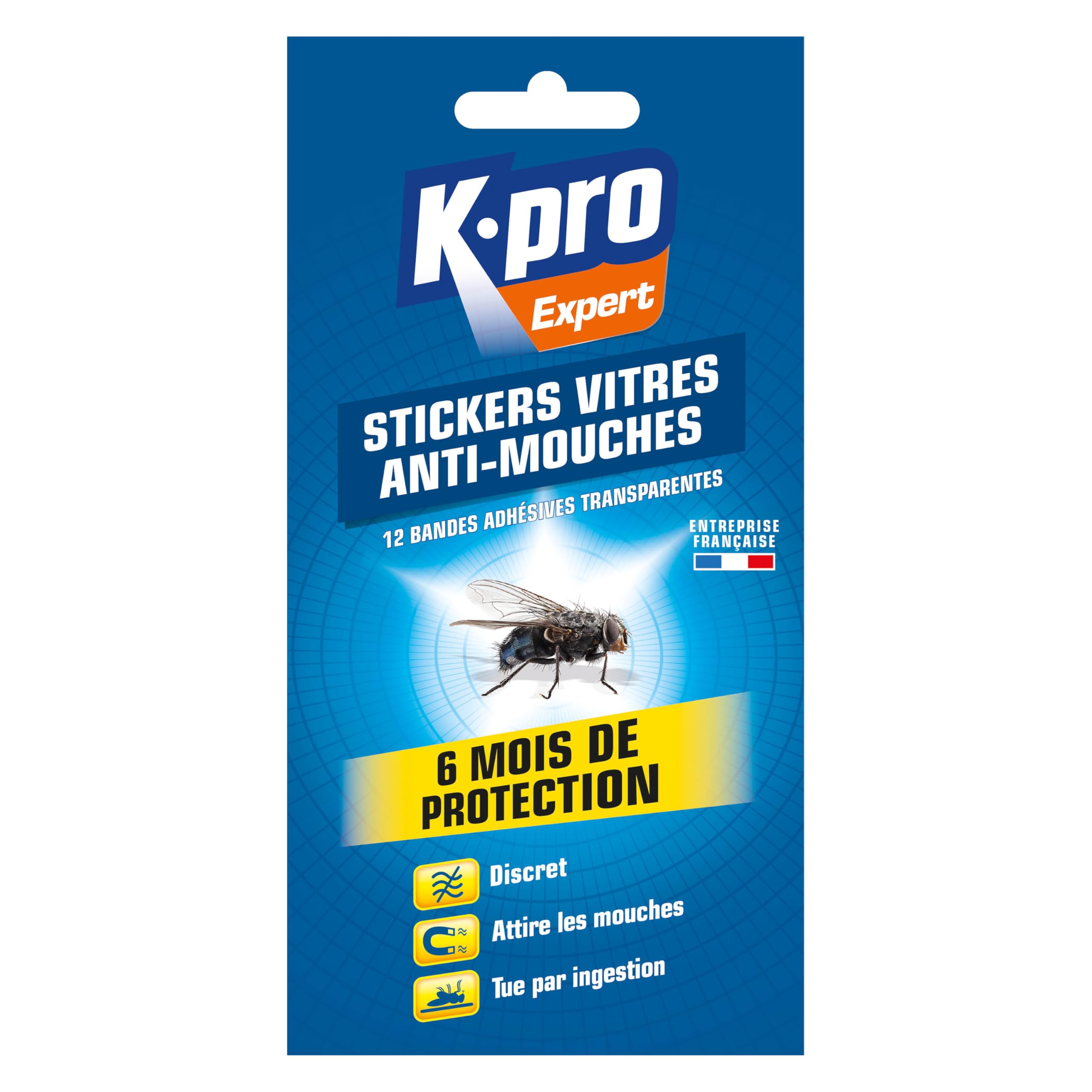 K.​PRO Stickers anti-​mouches, lot de 12 bandes transparentes, attire et élimine mouches et moucherons, efficacité 6 mois, discret sans odeur, usage intérieur, fenêtres, chambres, cuisines, France