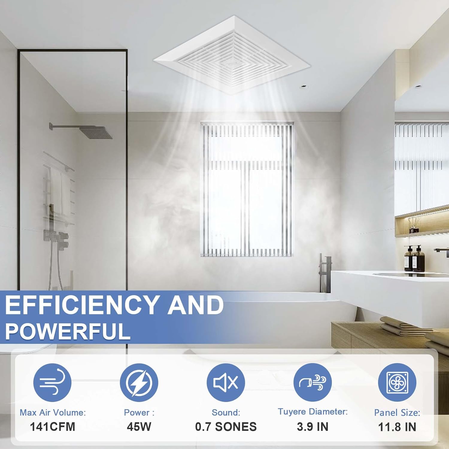 Bathroom Fan Ceiling Mount Exhaust Ventilation,141 CFM 0.7 Sones,4 Inches Duct,White,Very Quiet Ventilation and Exhaust Fan