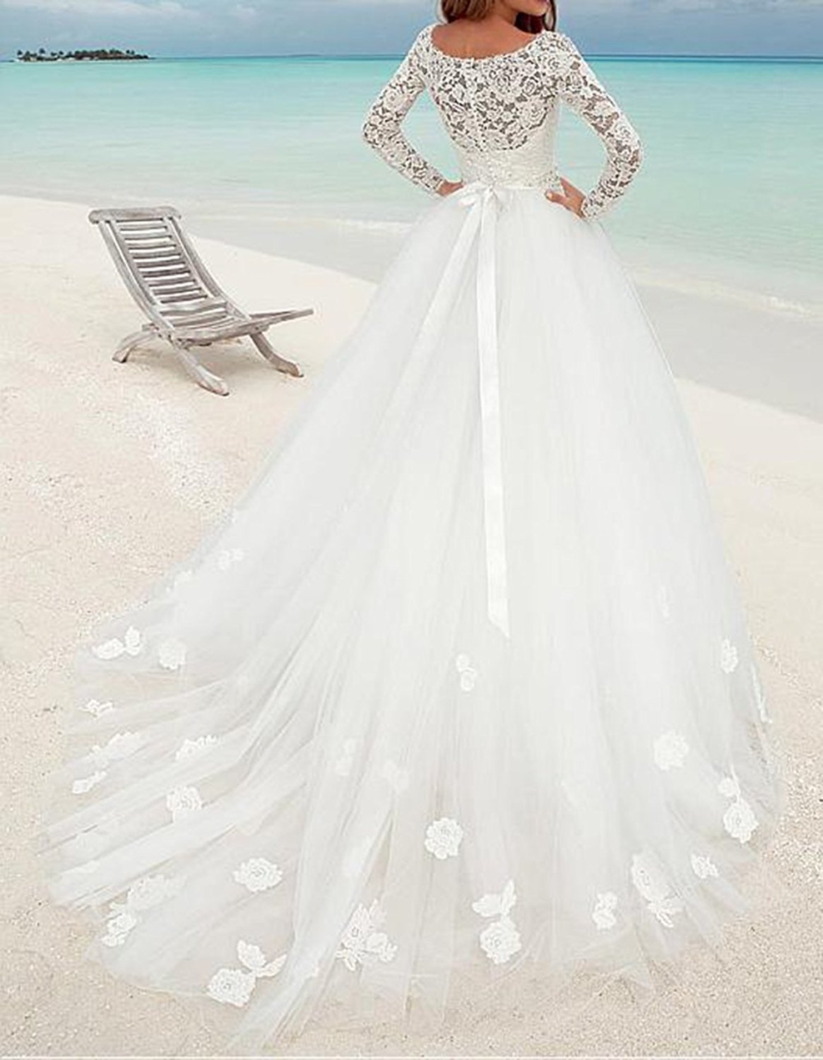 Elegante Y Sencillo Vestido de Novia, Vestido de Bola de Encaje, Vestido de Novia de Manga Larga, Blanco, 58