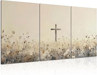 QKYKISS 3Pcs Jesus Wall Art Nature Wildflowers Cross Canvas Poster Relig...