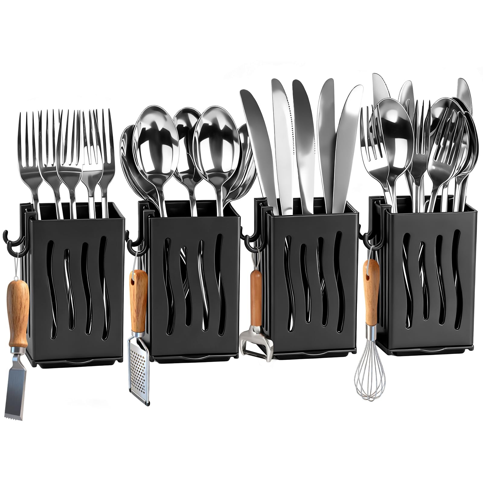 Estante de secado de utensilios, 4 soportes para utensilios de pared, accesorios de cesta de drenaje de cocina, escurridor de platos de plástico, cubiertos, tenedor, cuchara, organizador con
