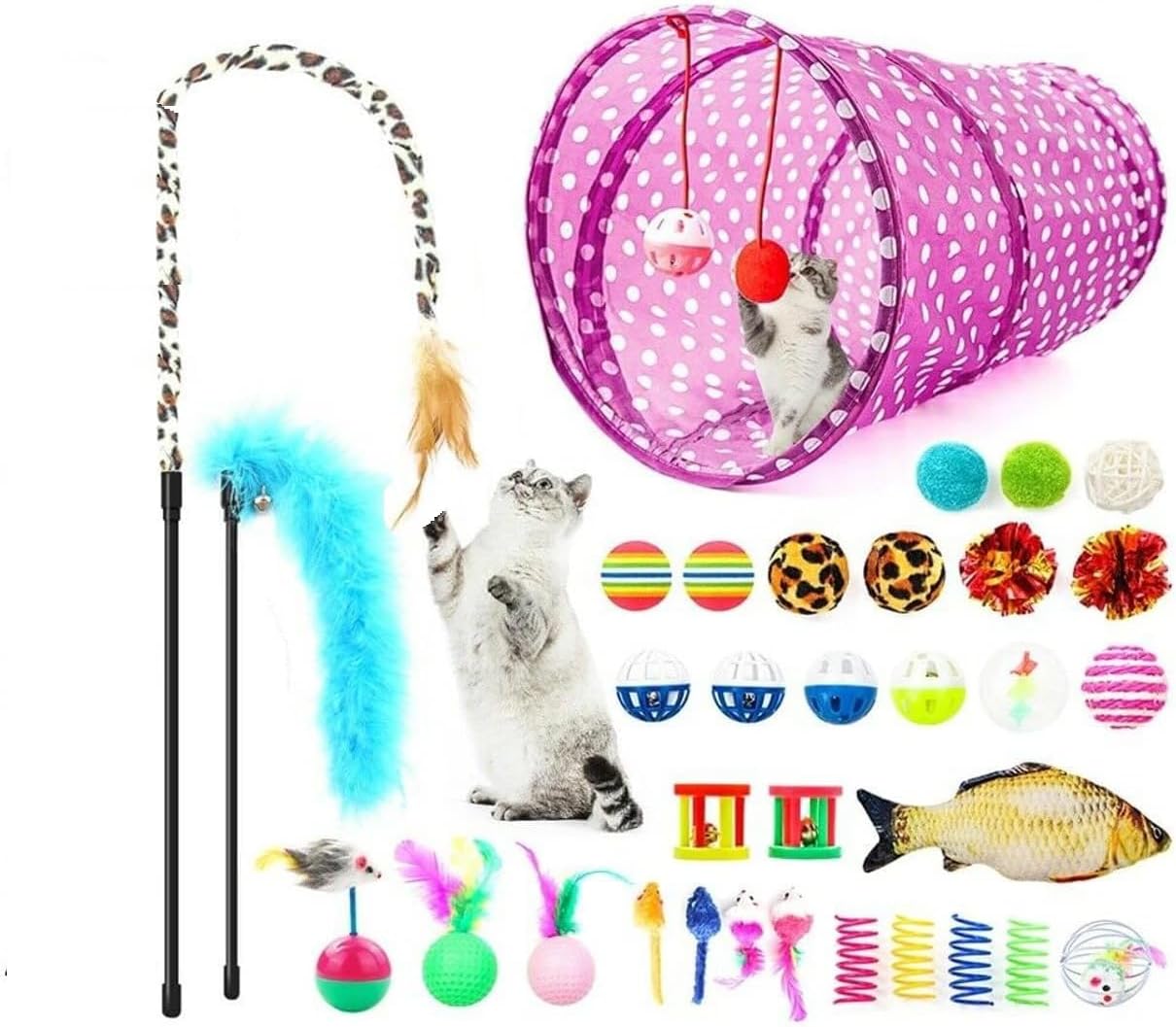 Cat Toys 30pcs Interactive Kitten Toys Set, Interactive Cats Toy Kitten Feather Wand Cat Tunnel Stuff Cats Teaser Toy Springs Cat Kitty Toys Supplies Cat Feather Teaser Wand Mice Bells Toys