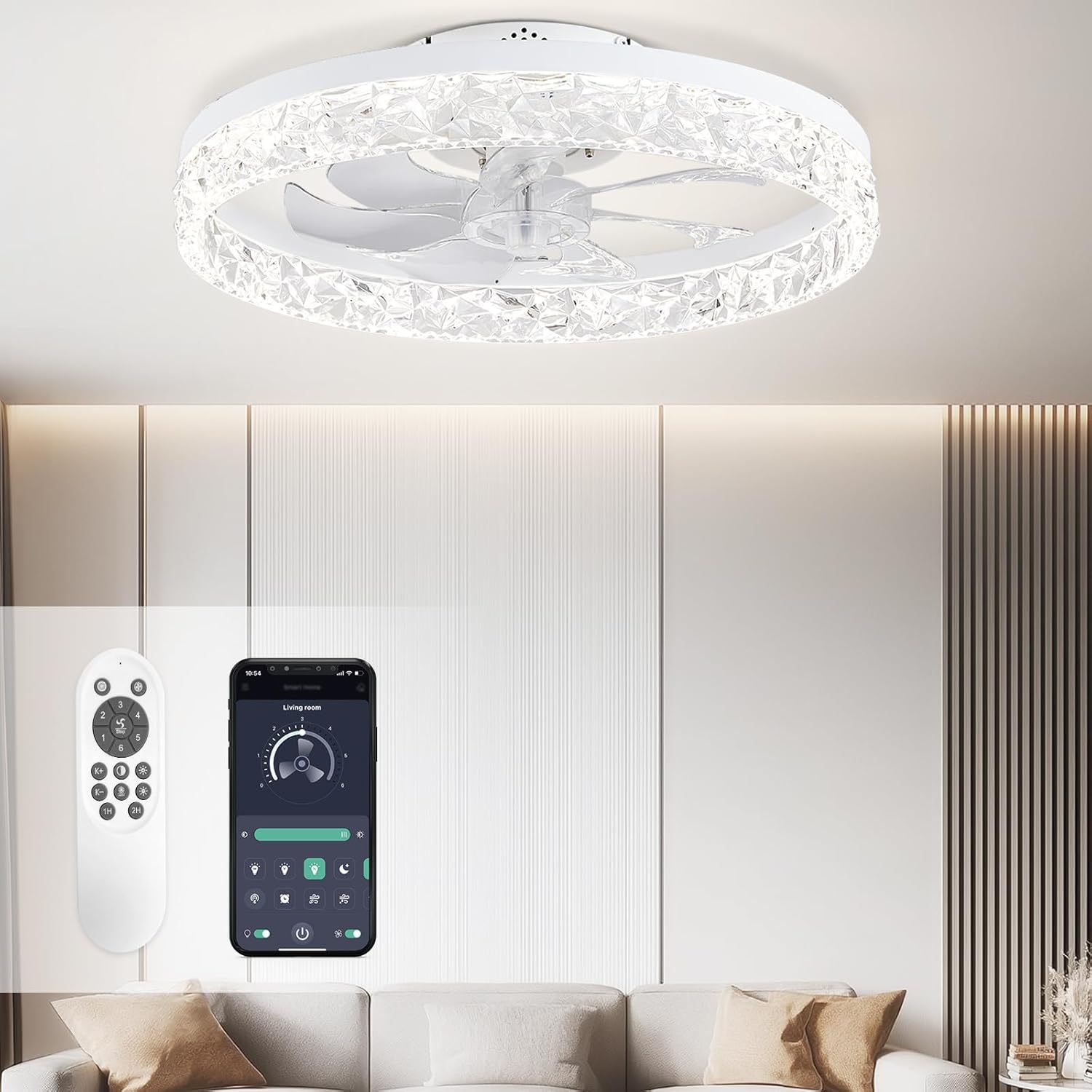 STERREN Ceiing Fan with Light, 19.7'' Low Profile Crystal Ceiling Fan with Remote Control, Modern Flush Mount LED Ceiling Fans, Bladeless White Fandelier for Bedroom, Living Room, Kitchen