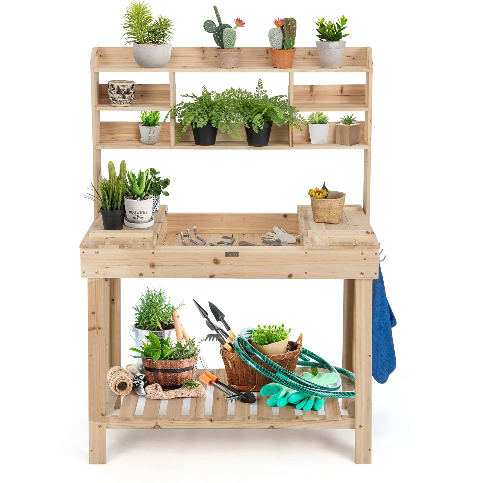 COSTWAY Mesa de Plantación de Madera para Macetas, Mesa de Jardín para Macetas con Estantes, Tablero Abrible, Ganchos, Mesa de Trabajo de Madera para Exteriores, Carga de 150 kg (110x50x153cm)