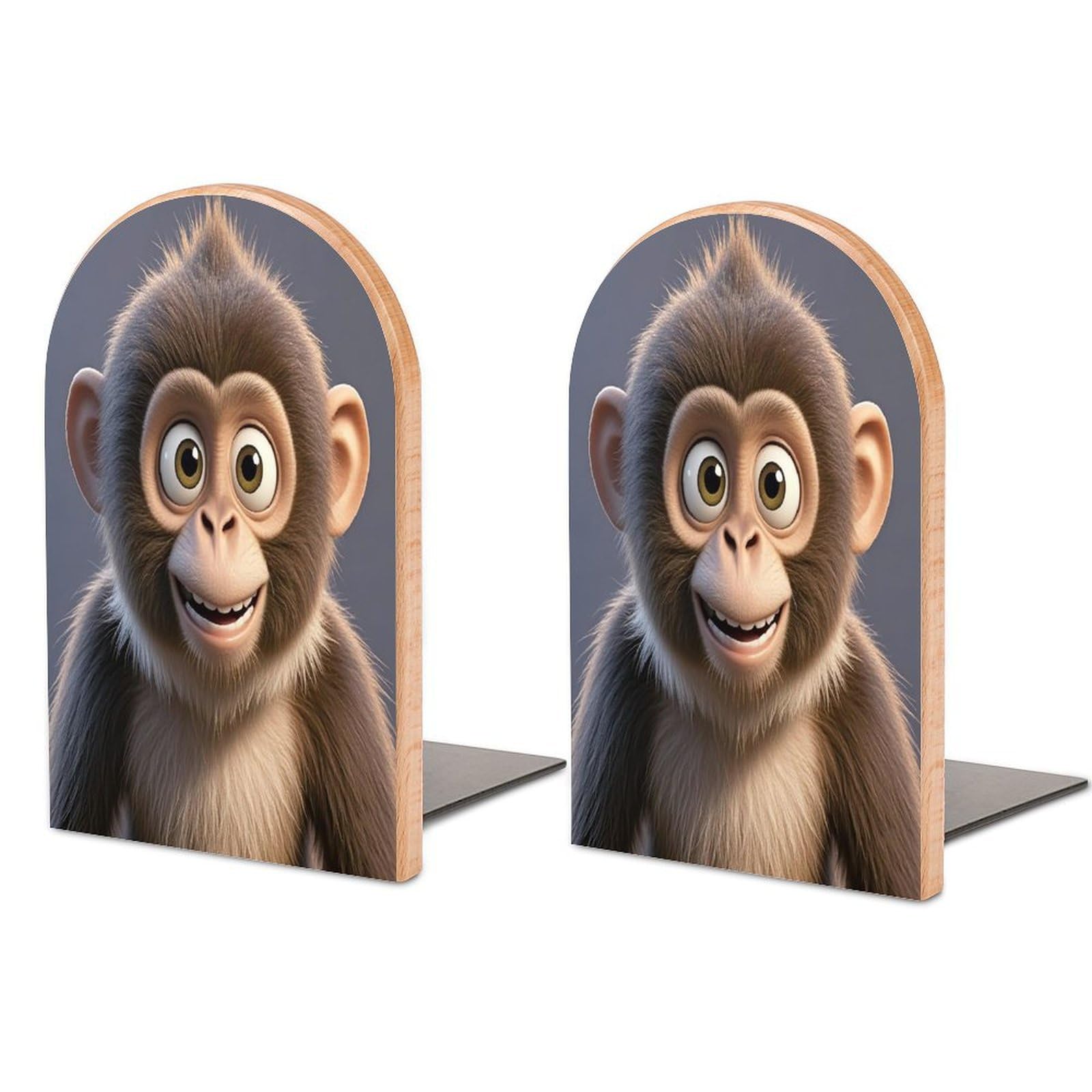 Cartoon Brown Monkey Bookend for Shelves Wooden Book End Sturdy Book Holders Stoppers with Metal Base for Bookshelves Slick Decorative Bookends Stands