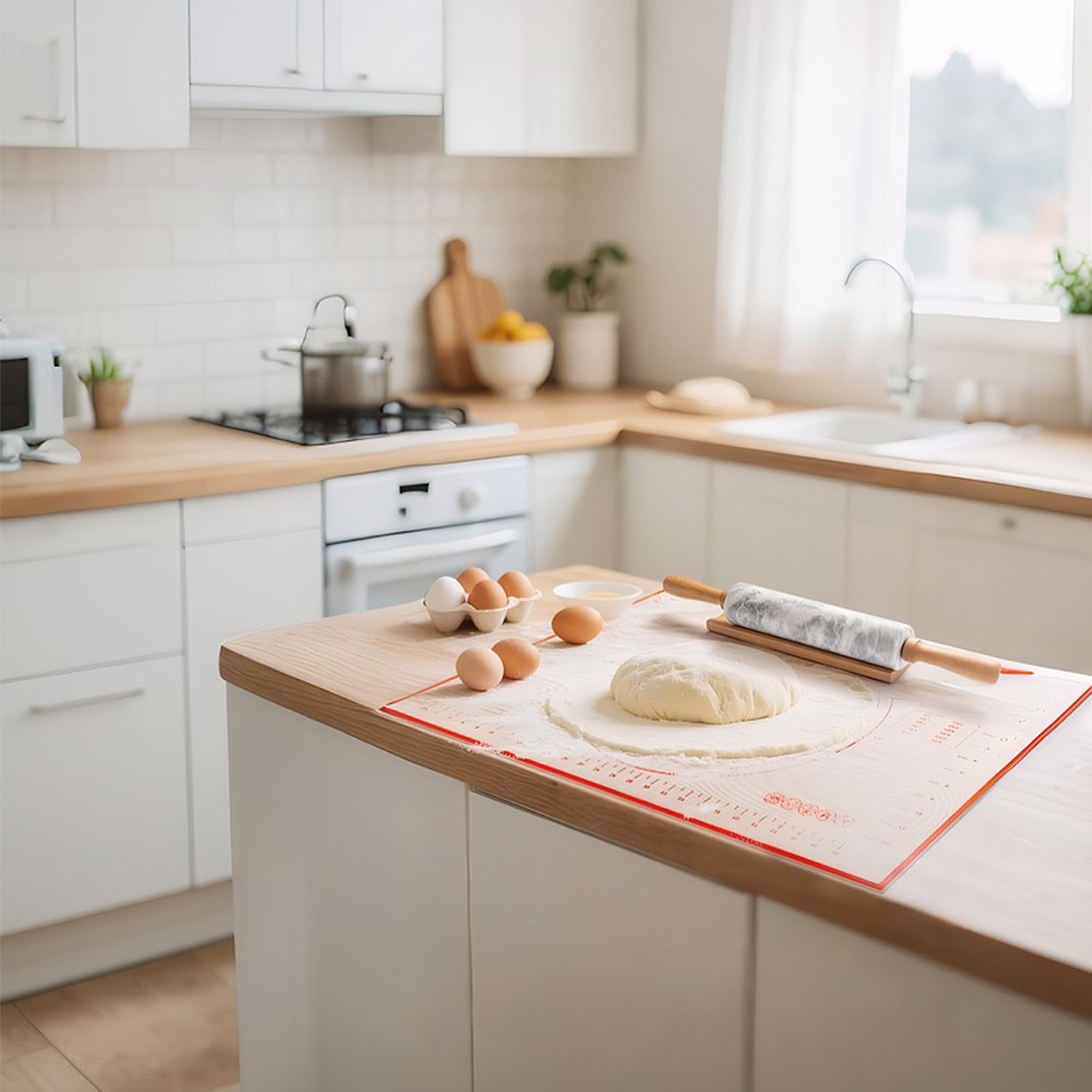 Mattarello in marmo con tappetino in silicone antiaderente e base in legno, rullo per pasta pesante da 42 cm, per crosta di pizza, biscotti, pasta, fondente, pasticceria, superficie lucida