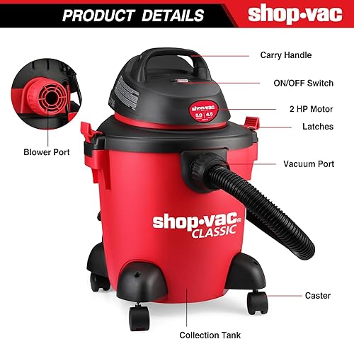 Vista 4 de Shop-Vac 5971536 - Aspiradora húmeda y seca de 5 galones, 4.5 pico de HP, portátil, resistente, función 3 en 1 con accesorios para casa, garaje