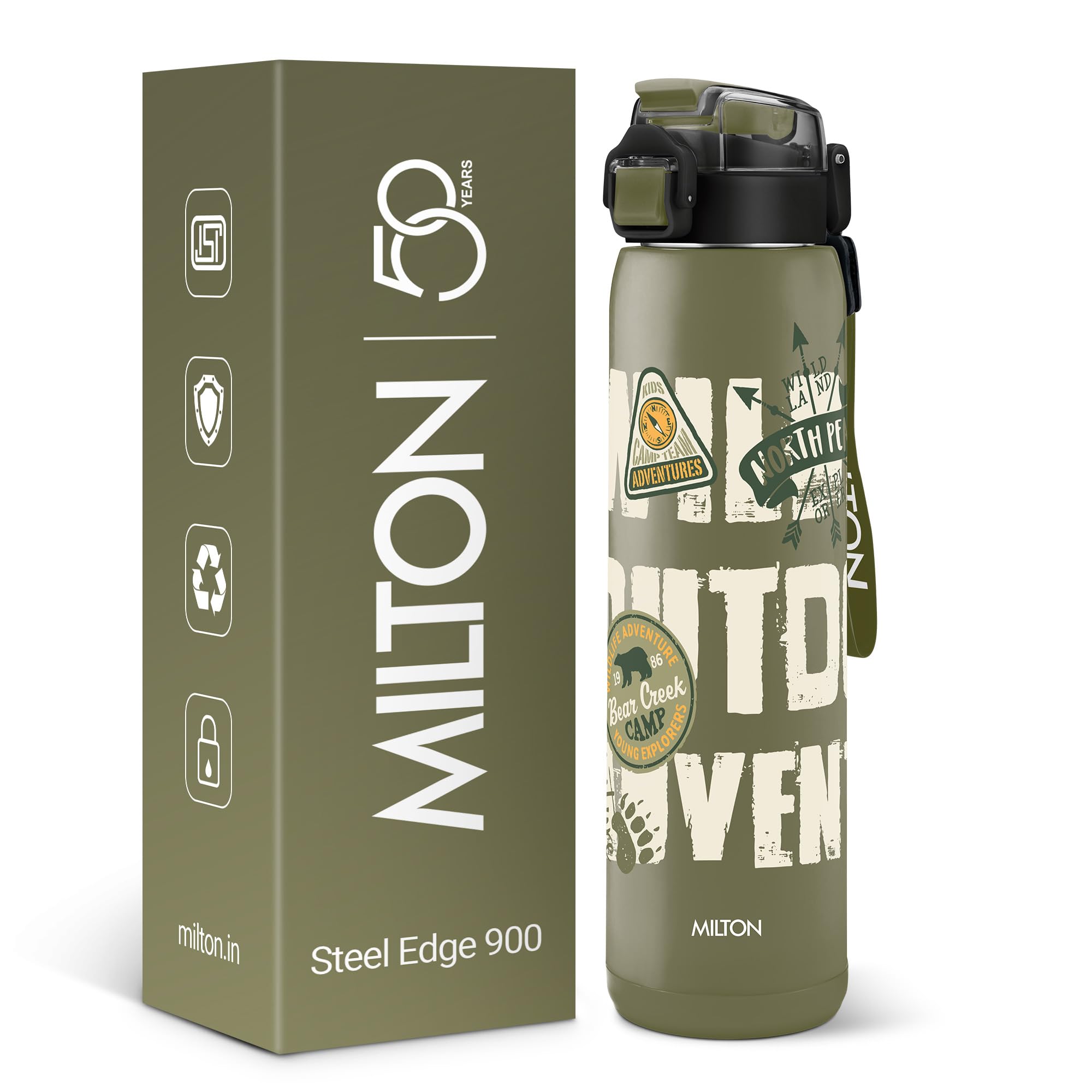 Milton Steel Edge 900 Thermoware Water Bottle 600 ml with One Touch Safety Lock & Twin Lid Sip or Gulp,Long Hours Hot & Cold,Leak Proof,ISI Certified,Vacuum Insulated,Office,Gym,School,Military Green