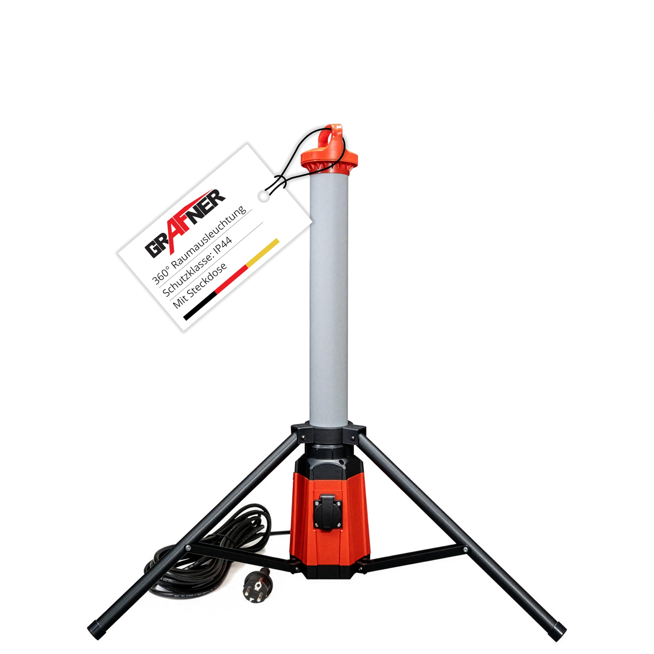 Grafner Profi LED Tower Baustrahler mit Steckdose und Stativ, 360° 3800 Lumen, 60 Watt, Höhe: 107 cm, IP44, 6500K Tageslichtweiß, Arbeitsleuchte Baustellenstrahler 360 Grad rundum Arbeitslampe Turm