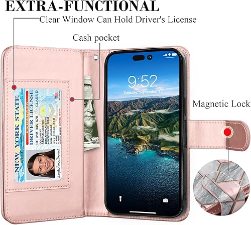 Miniatura 16 de Takfox Funda tipo cartera para iPhone 15 Plus, para iPhone 15 Plus, funda de piel sintética para tarjetas de crédito [9 ranuras para tarjetas] Funda
