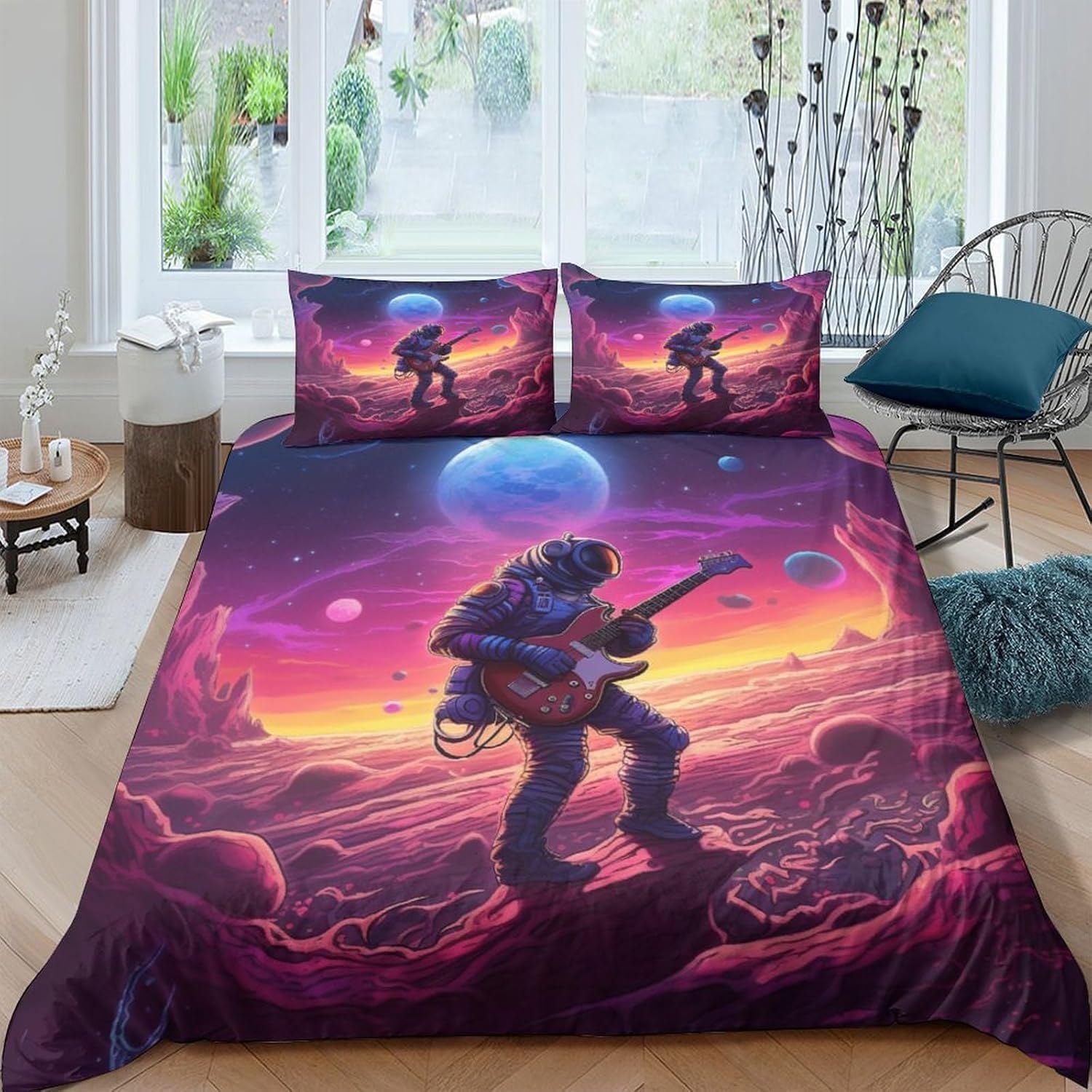 Housse de couette 200x200 astronaute 3D pour lit 1 ou 2 personnes avec taies 65x65 cm