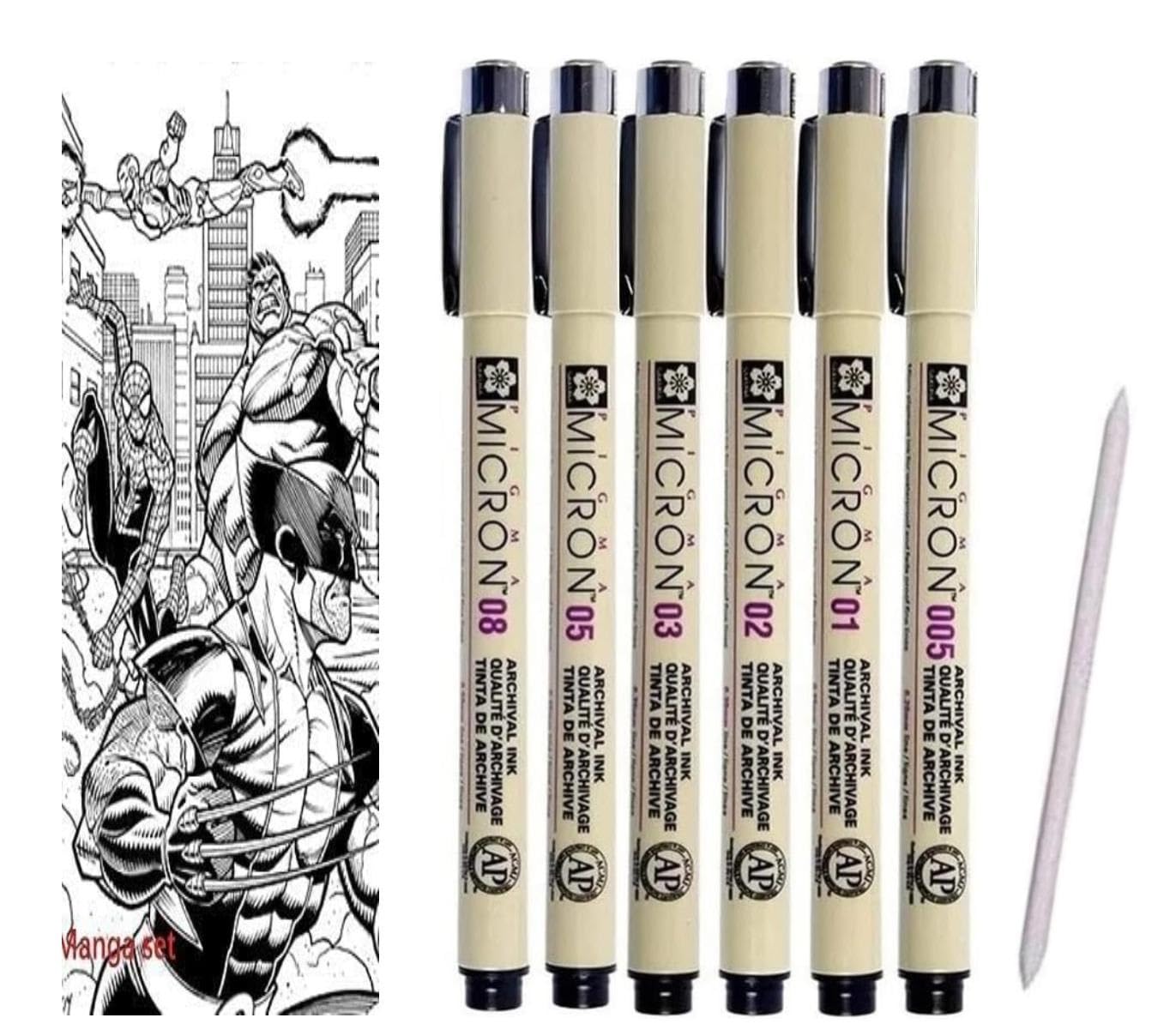 SAKURA Pigma Micron - Pigmento fineliners color negro 6 unidades 005 .01. 02. 03. 05. 08. datreveno aro.