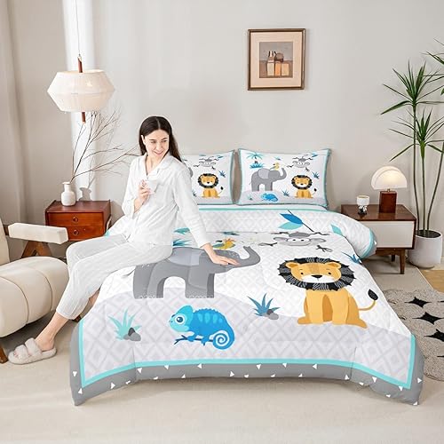Wild Animals Comforter Set,Lion and Monkey Bedding Set for Kids Girls Women,Adults Elephant Comforter,Geometric Stitching Quilted Duvet Set Bedroom