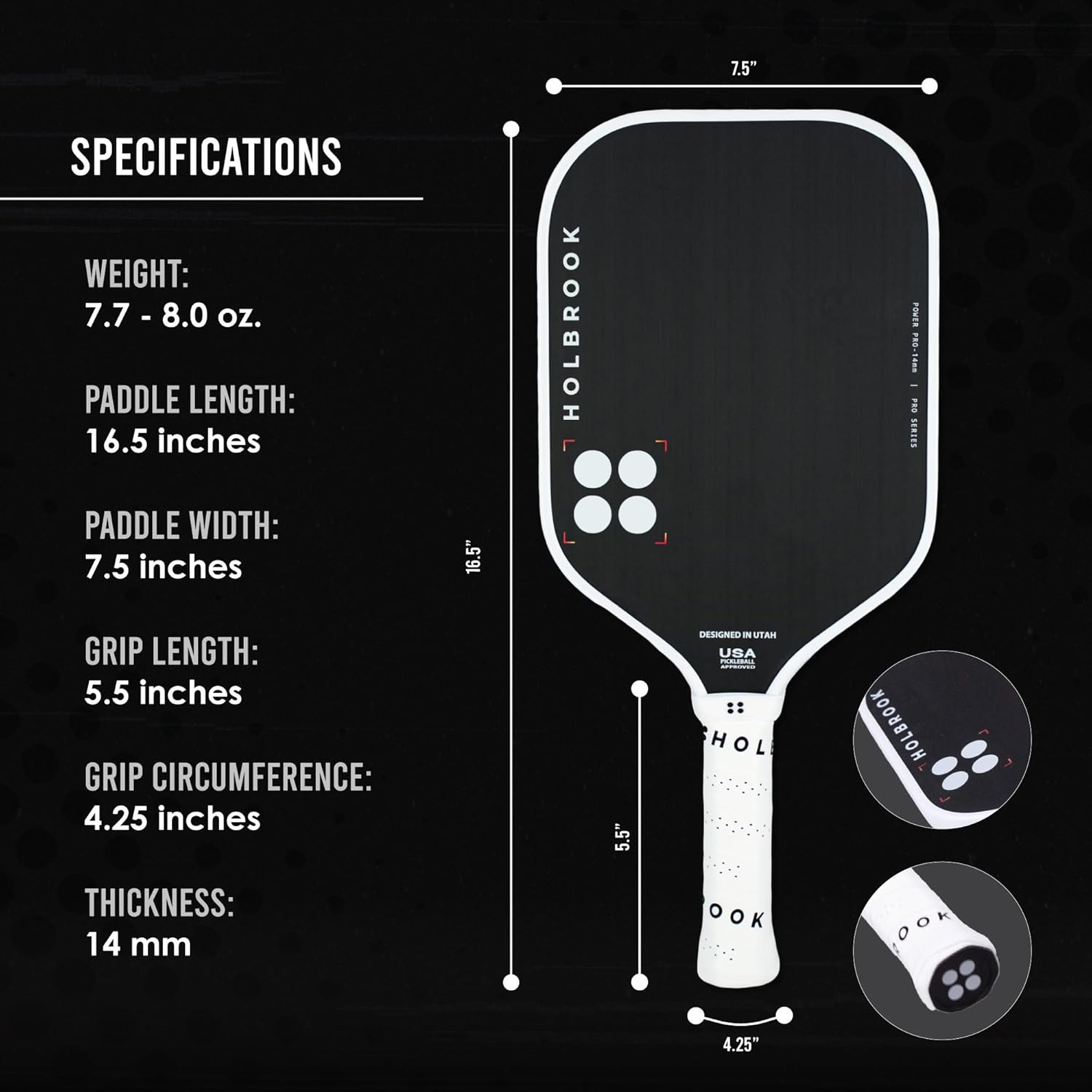 Holbrook Power Pro E Elongated Pickleball Paddle: USAPA Approved, Carbon Fiber Surface, Power, Control, Spin, Edgecraft Foam Polypropylene Honeycomb Core