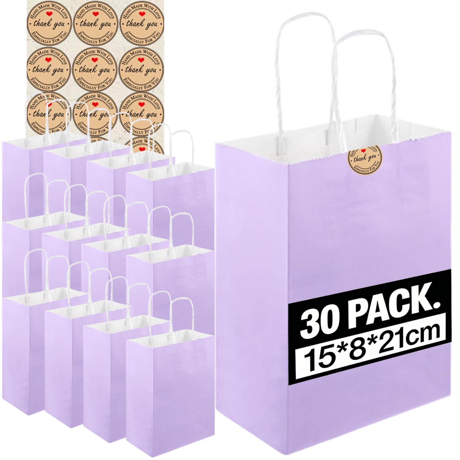 30Pcs Small Paper Bags With Handles, Paper Gift Bags (21x15x8cm), 130GMS Thicken Kraft bags Party Favor Shopping includes lables for Favor Birthday Party Wedding Shopping Retail (Purple-1-30PCS)