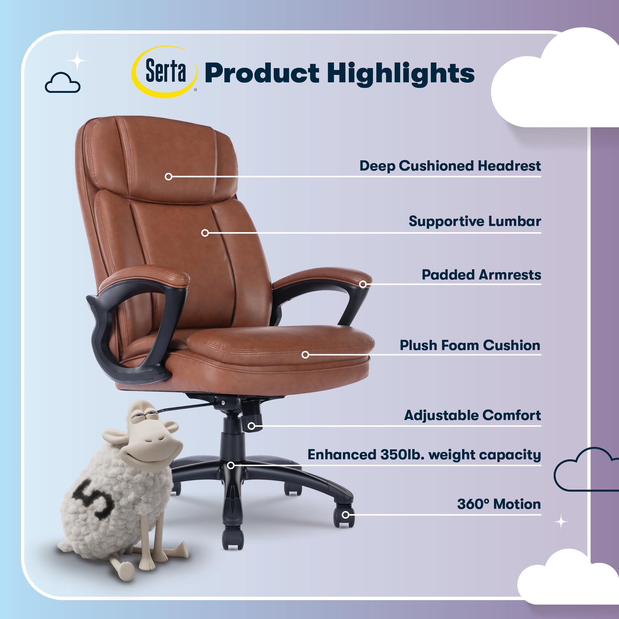 Serta Fairbanks Big & Tall Executive Office Chair, Ergonomic Comfy High-Back ComputerChairs with Lumbar Support, Semi-Plush Seat Cushion, Padded Armrests, Nylon Swivel Base, Bonded Leather, Cognac