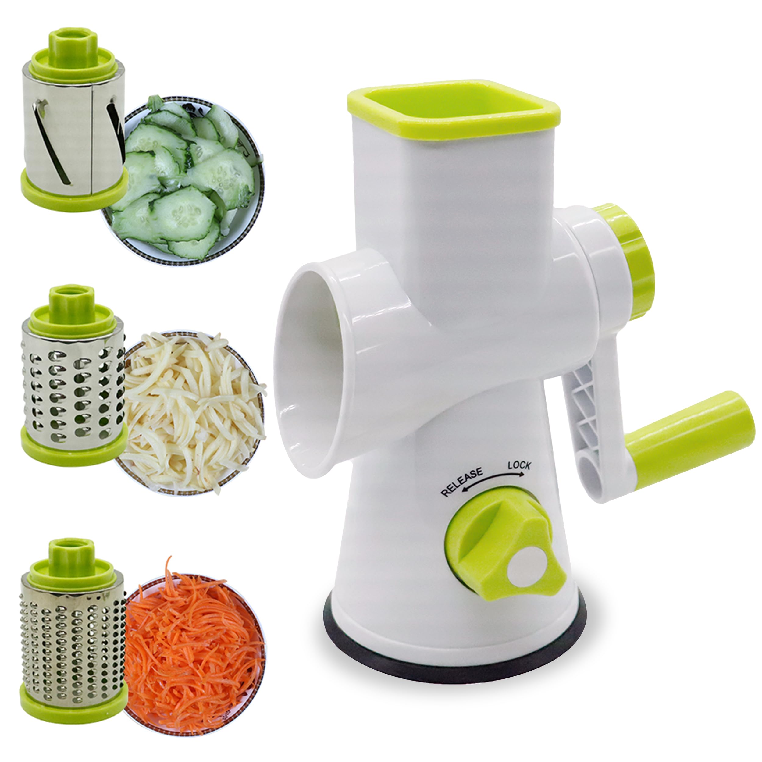 Top 3 Rotary Cheese Grater, Vegetable Slicer with Three Grater Drums, Safe and Reliable Hand Grater, Vacuum Suction Base, for Vegetables, Fruits, Cheese