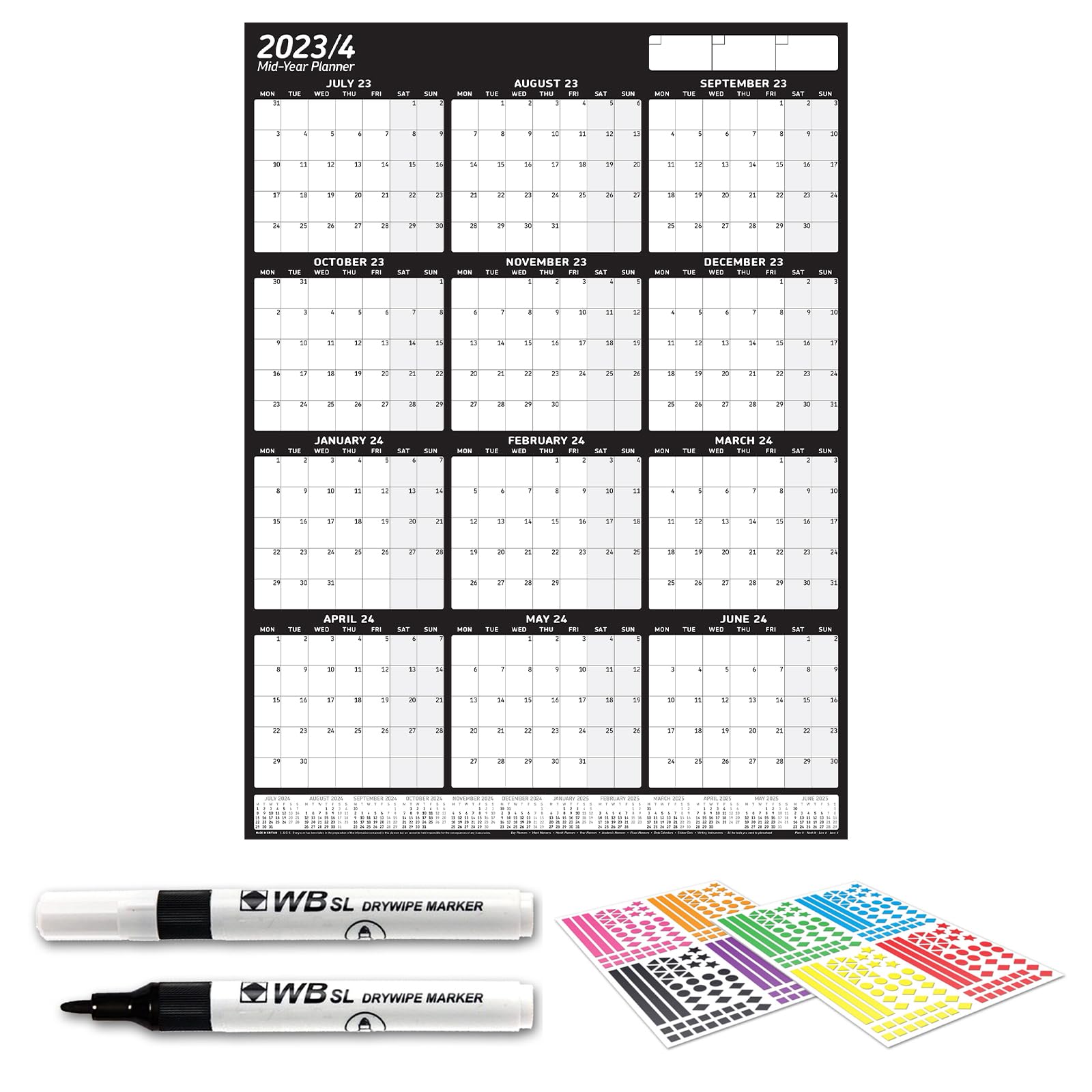 2023-24 Mid Year LAMINATED Year Yearly Annual Office Home Wall Planner Calendar Chart/With Pen And Stickers and 24-25 Foot Note Calender (Black Grid Portrait, A2+ 43cm x 62cm (Rolled))
