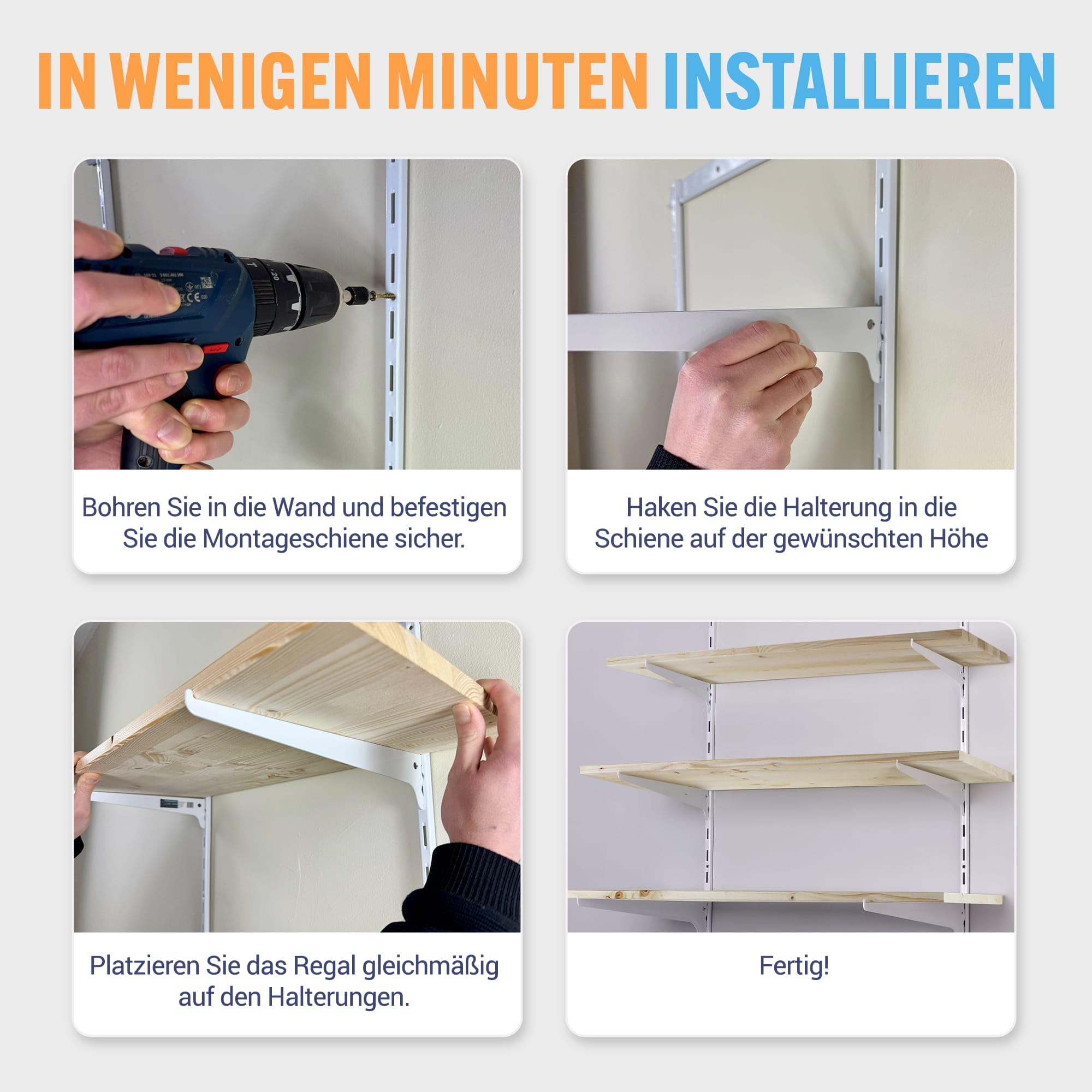 Regalträger für Wandschienen · Länge: 60cm · Farbe: Weiß · Menge: 10 · Regalhalterung für Wandregal Metall · Regalsystem Regal Winkel Halterung Wand