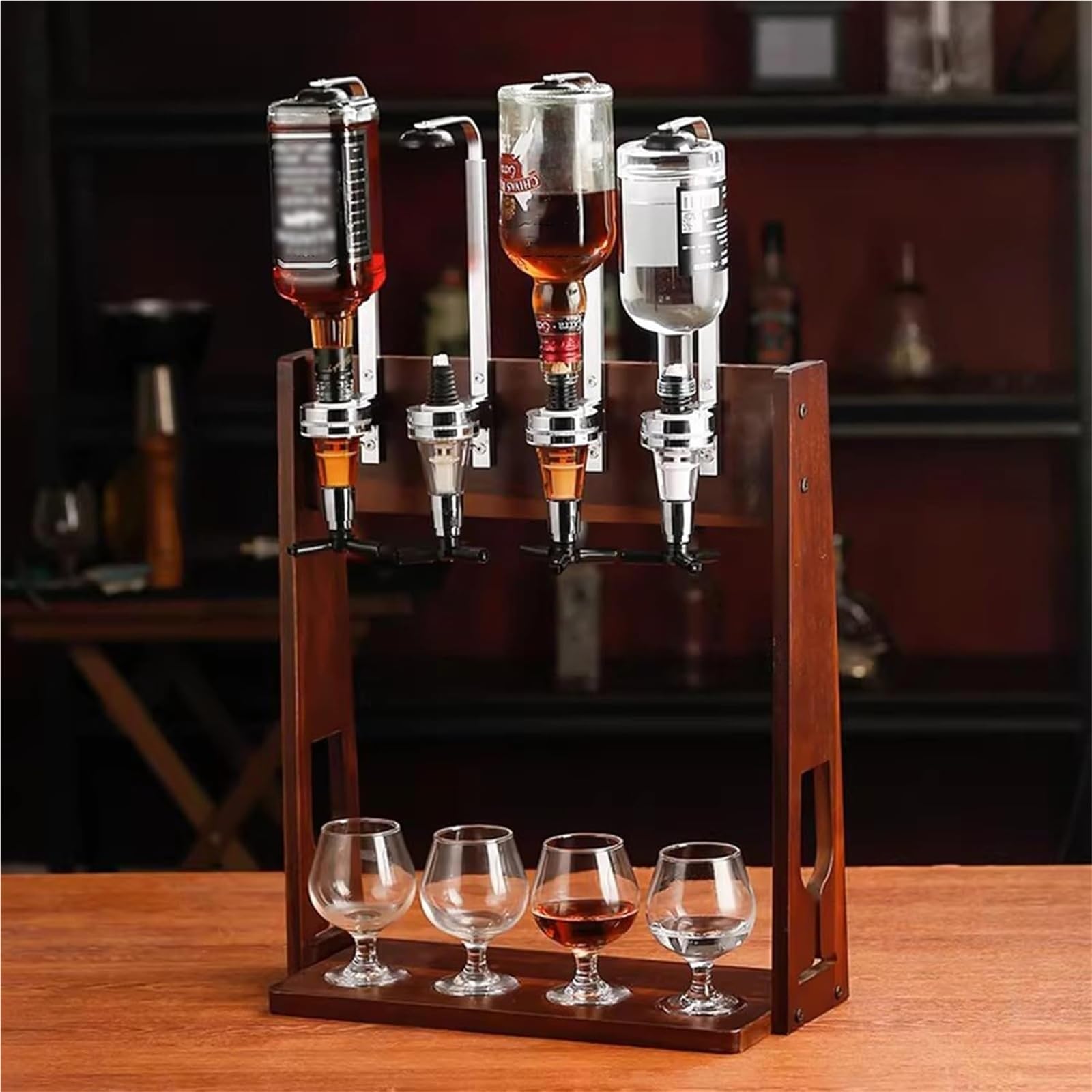 Likörspender für 4 Flaschen, Schreibtisch-Getränkespender, umgedrehte Flaschenhalterung, 25/35/45 ml gemessene Schnapsgläser, mit Massivholzständer, für Zuhause, Pub oder Küchenbar