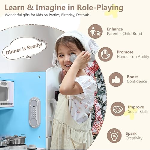 Miniatura 4 de Kinder King Cocina de madera para niños, juego de cocina de juguete para niños pequeños, horno de simulación, microondas, teléfono, pizarra, puertas