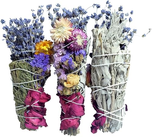 Miniatura 2 de Paquete de 3 kits de manchas de salvia de 8.5 pulgadas con palos de manchas de flores, salvia blanca California, blanco, salvia, cedro, selenita,