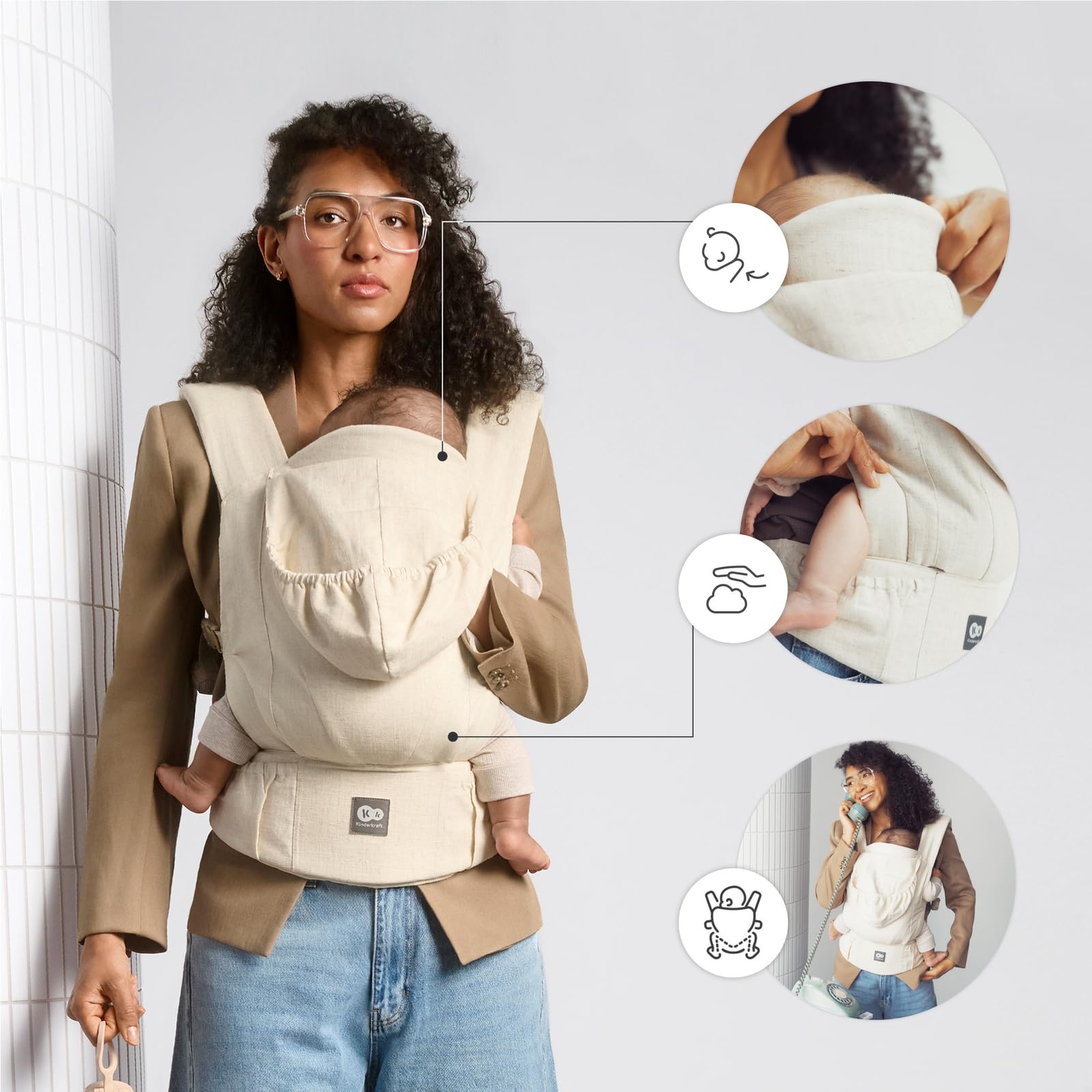 Kinderkraft portabebés ergonómico ELARA desde los 3 meses hasta 20 kg, 2 posiciones: delante y a la espalda, panel ajustable, bolsillos, capucha desmontable, lino y algodón transpirables