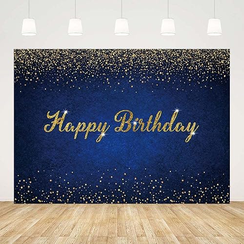 Telón de fondo de cumpleaños azul oscuro de 7 x 5 pies, telón de fondo de cumpleaños azul marino y dorado, fondo de fotografía azul oscuro con