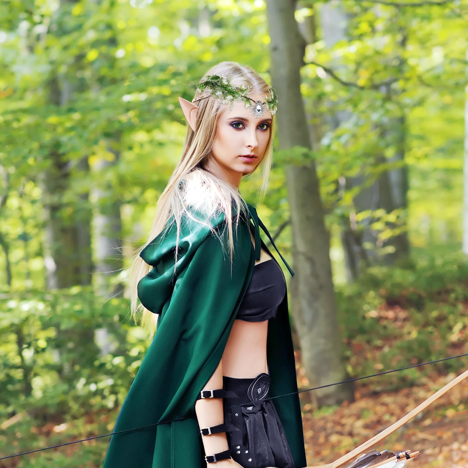 2 pary uszu elfa + elf kwiaty liście korona opaska na głowę kwiaty liście bajki girlanda kwiatowa boho opaska na głowę elf kostium elfa akcesoria na Halloween karnawał cosplay
