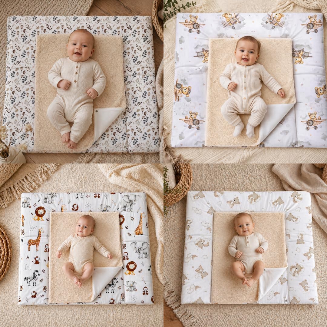 Wickelauflage mit 2 wasserfesten Frotteebezügen – 3-teiliges Set mit Druckknöpfen – Baby Wickelunterlage - Wickeltischauflage aus Baumwolle – 75x70 cm (Breite x Tiefe), Zweige