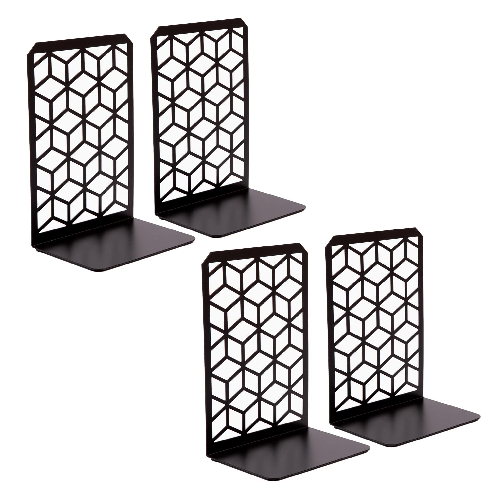3D Cube Black Metal Bookends Decorative for Heavy Books - Sturdy Boho Book Stops - Minimal Book Shelf Stopper - Durable Office Bookends - Weighted Metal Book Holders - 7x4.75 Inches - 2 Pair