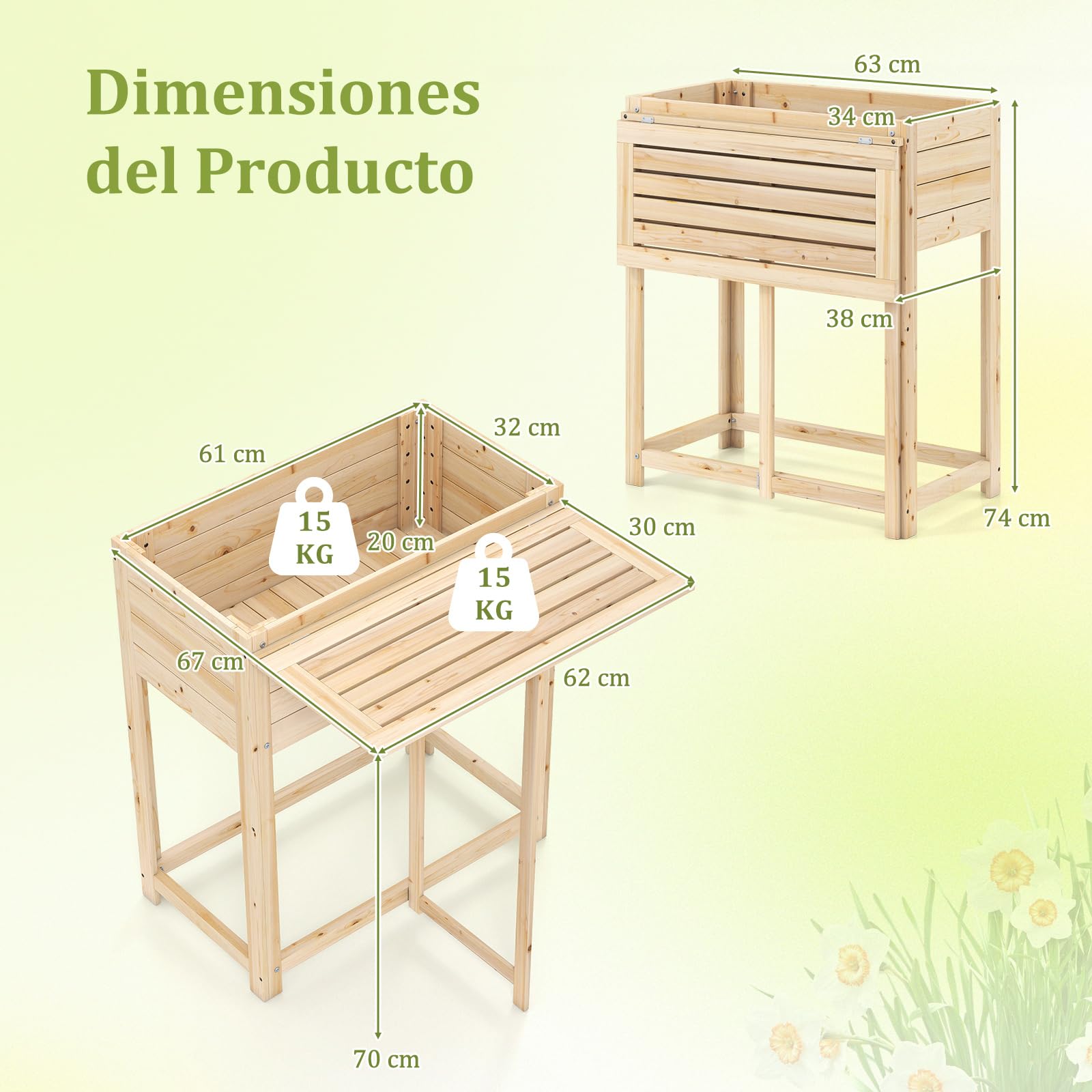 COSTWAY Cama de Jardín Elevada de Madera con Patas, Mesa Lateral Plegable, Drenaje, Caja de Plantación Elevada para Flores Hierbas Verduras Frutas, Jardinera Interior Exterior para Patio Trasero