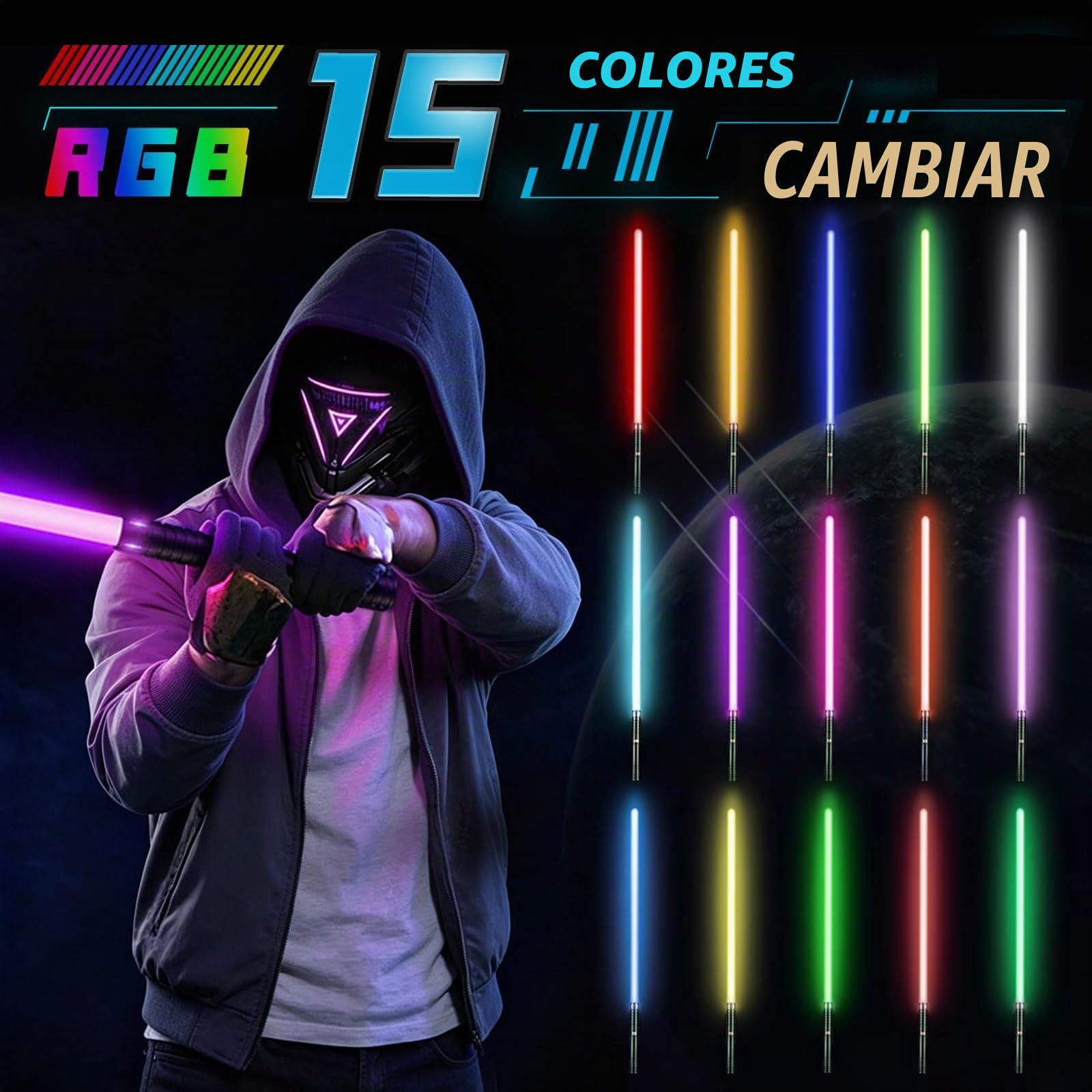 Espada Láser, Sable de Luz de 2 en 1 15 Colores, 4 Modos y Efectos de Sonido FX, Sable de Luz de Carga USB-C,Espada láser para niños Halloween Cosplay (Negro 2PC)