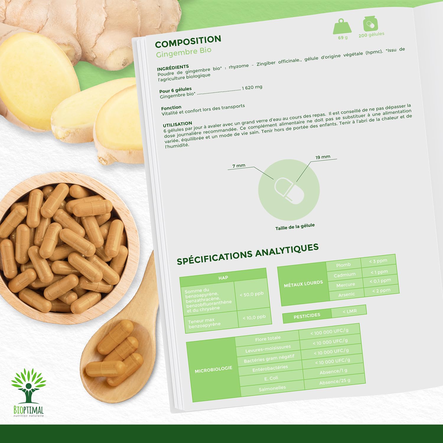 Gingembre Bio - Bioptimal - Complément alimentaire - Energie Mal des transports Digestion Sexualité - Poudre de Racine - 270 mg par Gélule - Fabriqué en France - Certifié par Ecocert - 200 gélules