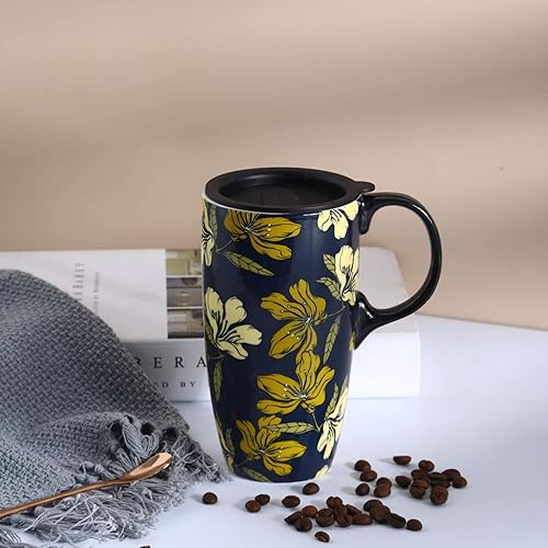 Miniatura 7 de TZSSP Taza de cerámica para café, taza de té de porcelana con tapa, 17 onzas, 2 unidades, azul y negro