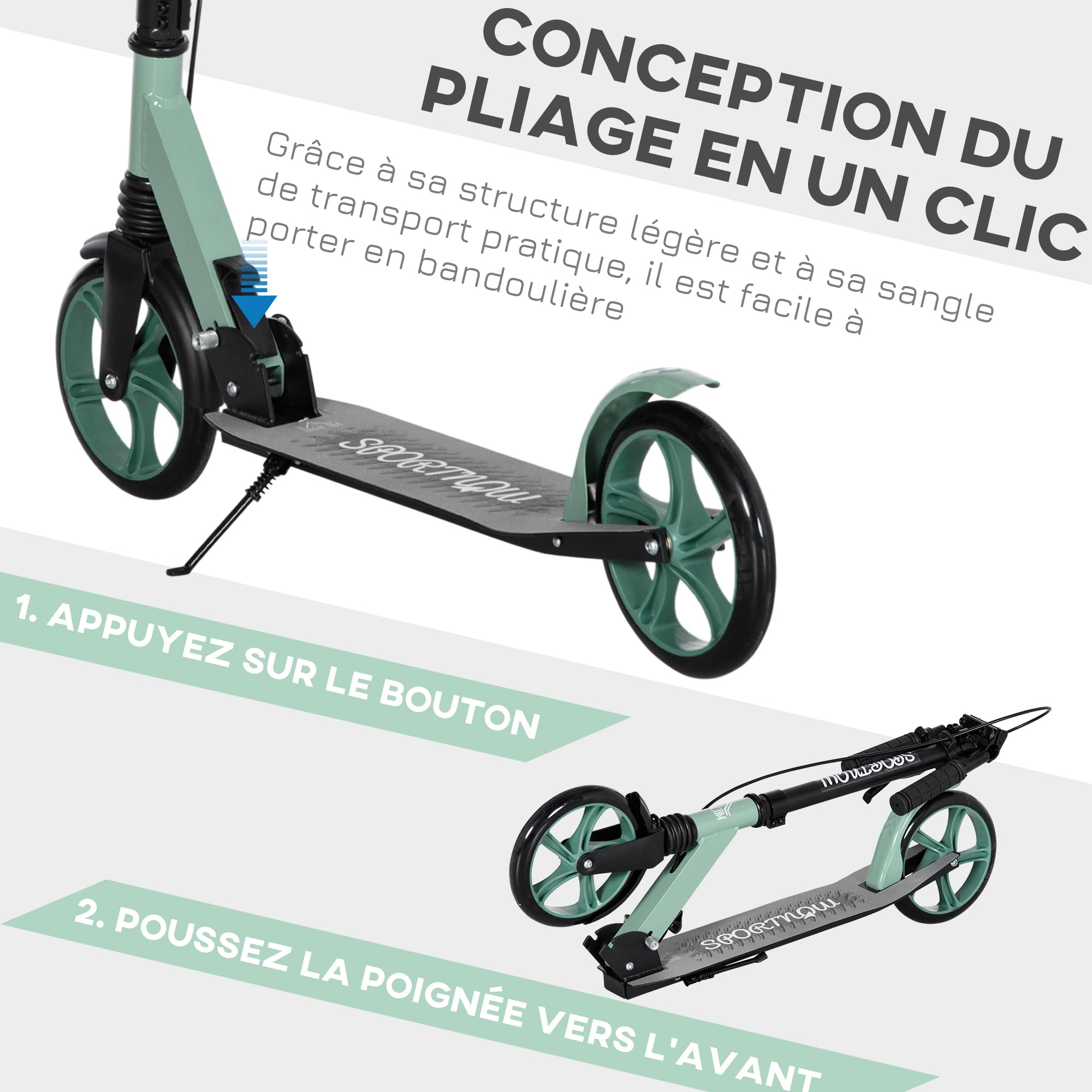 HOMCOM Trottinette Pliable Ados Adultes +14 Ans Guidon Réglable Vert | Amortisseur, Double Frein, Grandes Roues de 20 cm, Aluminium