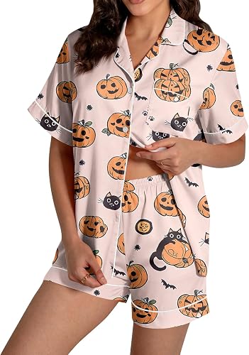 Vividcrate Women Halloween Pajamas Short Sleeve Button Top S