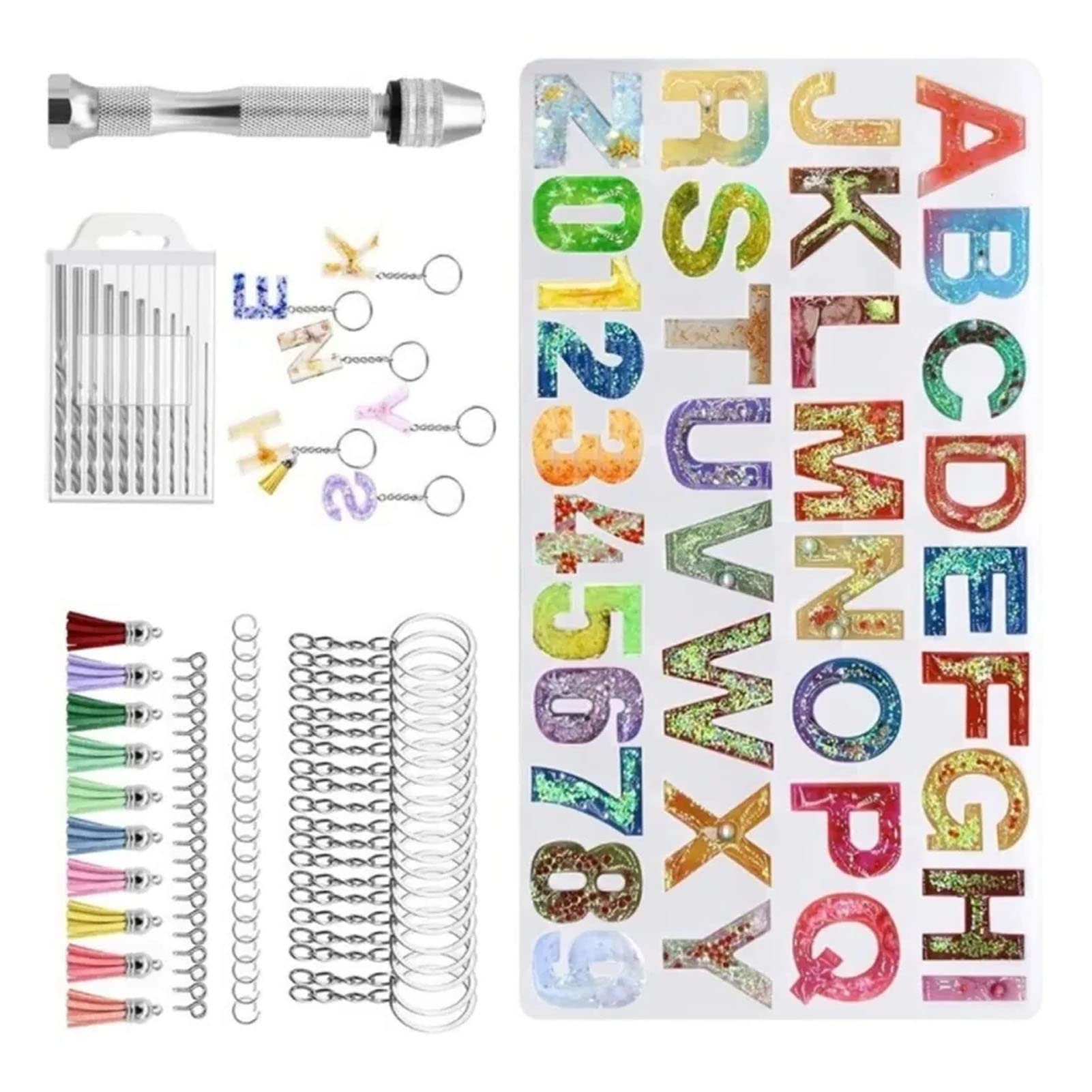 Kit di Stampi Per Colata in Resina Siliconica con Alfabeto, Lettere E Numeri, Stampi in Silicone Per Resina, Portachiavi con Figure in Resina a Specchio Fai-da-te, Set Per Gioielli, Orecchini Pendenti