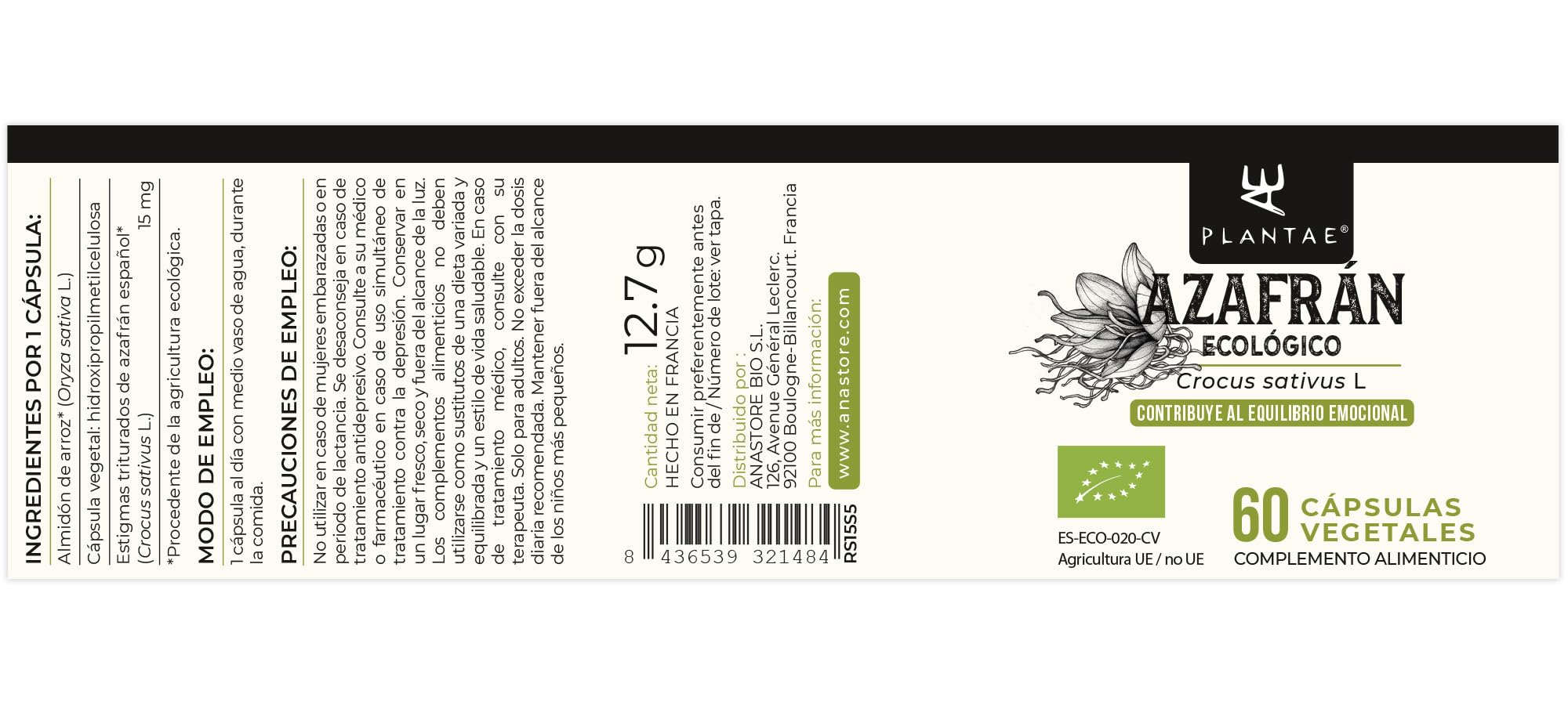 AZAFRÁN ECOLÓGICO * 15 mg / 60 cápsulas * Equilibrio emocional, Músculos & esqueleto