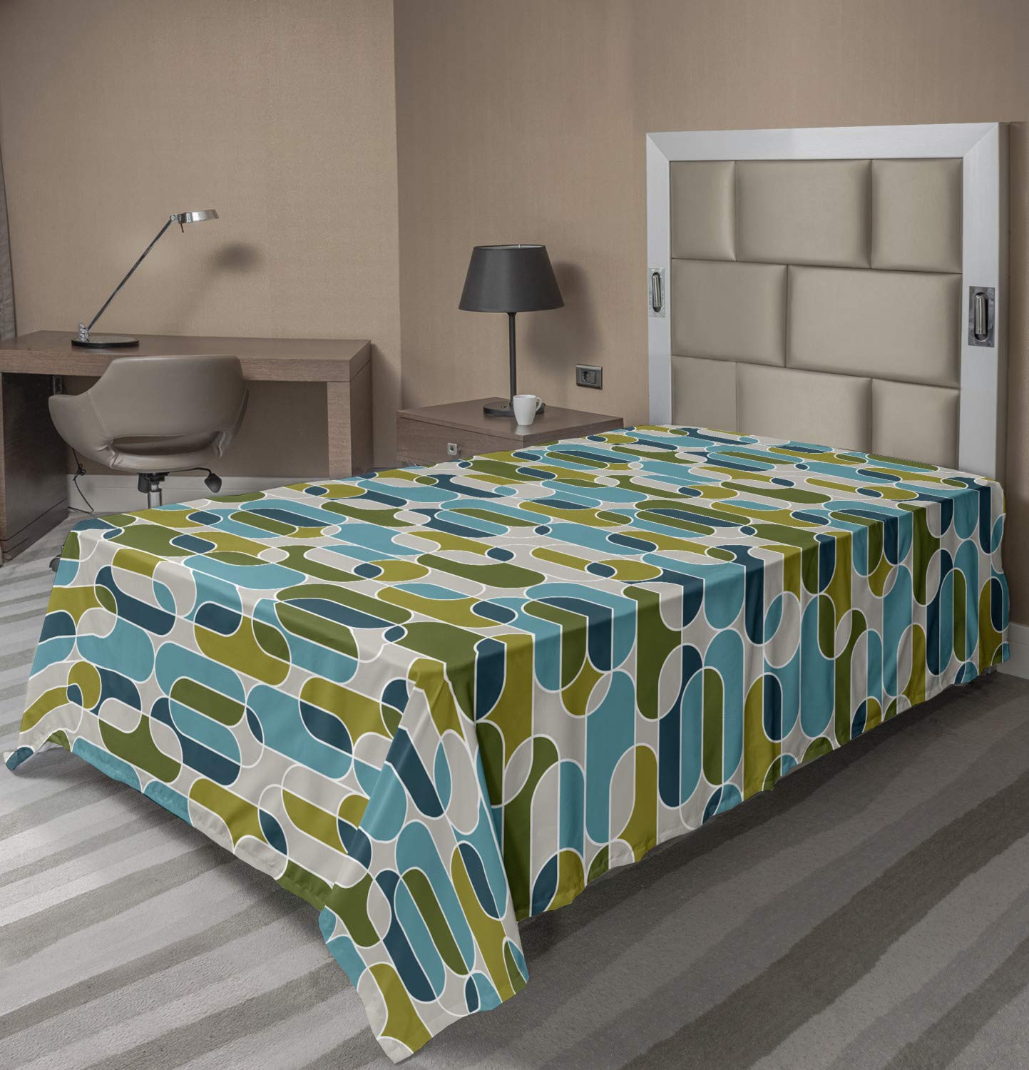 Lunarable Retro Flat Sheet, Abstract Vintage Game Interlocking 70s Style Ellipses Ovals Design, Soft Comfortable Top Sheet Decorative Bedding 1 Piece, Twin Size, Sea Blue Olive Green Tan