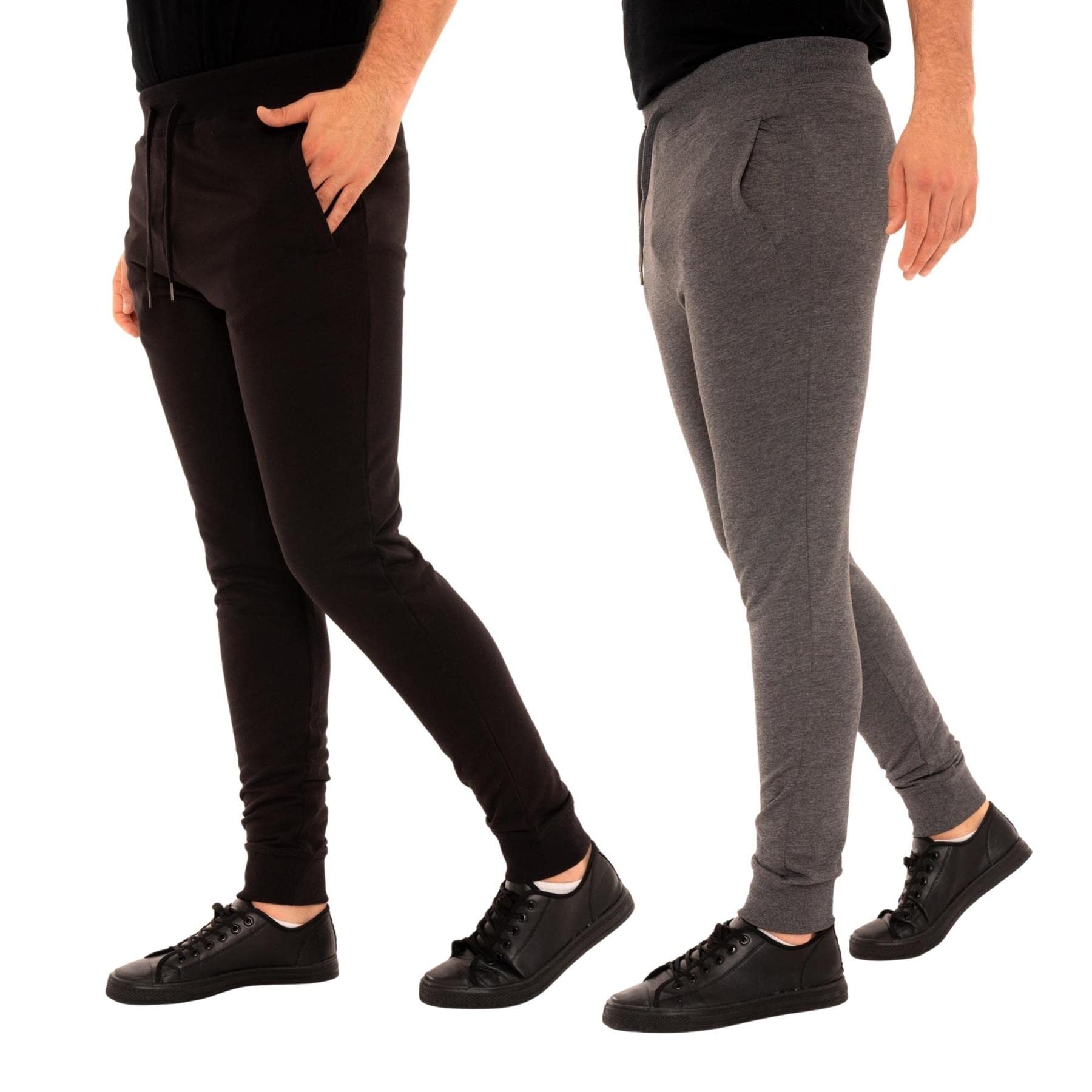 Style It Up Mens Fleece Jog Pant Jogging Bottoms Trousers Joggers Cuffed Hem Skinny Slim Fit (2 Pack, Grey, Black, 2XL)