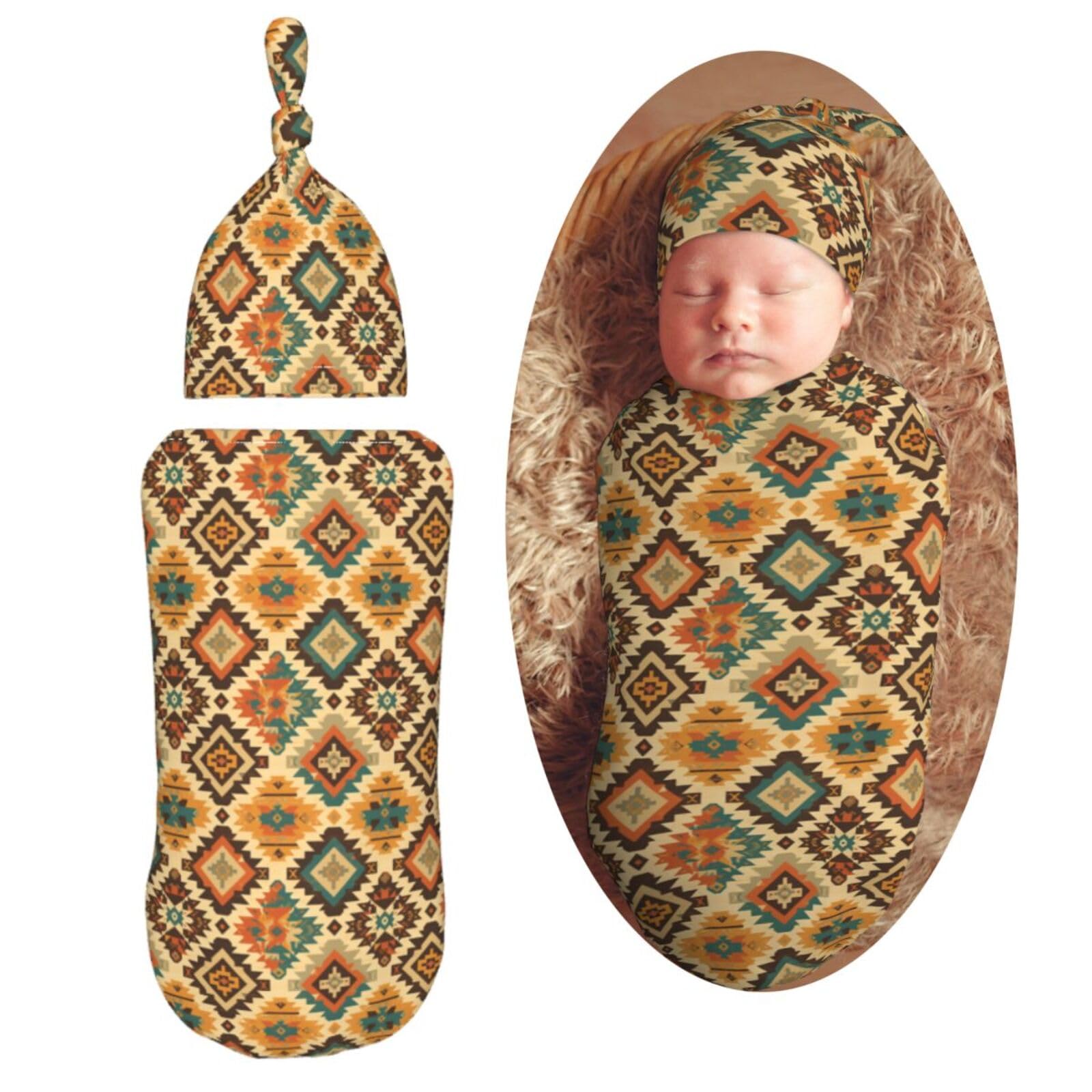 Vintage Aztec Style Newborn Swaddle Blankets Hat Sets Soft Baby Receiving Blanket Swaddle Sack for Baby Shower Infant Boy Girl Gift
