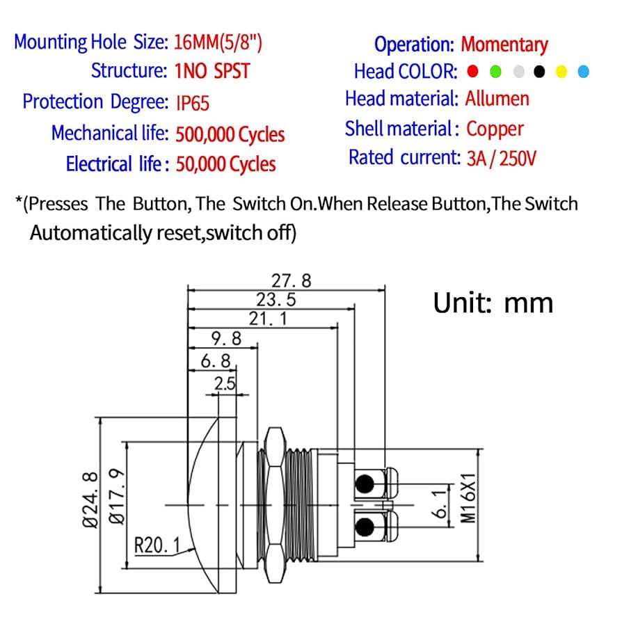 DIYhz 4Pcs DC6V/12V/36V/125/250V 3A 16mm Metal Push Button Switch Momentary Screw Terminal Button With Pack Of 4 Red Switches For Industrial Boat Car DIY Switch
