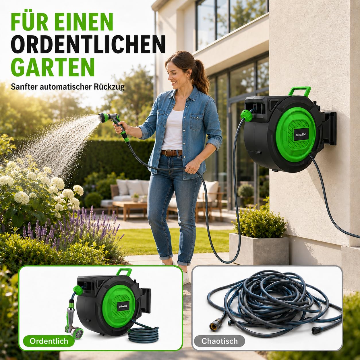 Schlauchtrommel,Wand-Schlauchbox RollUp 1/2'' x 30+2 m mit 180° Schwenkbarer, 10-fach Verstellbarer Düse, Automatischem Rückzugssystem und Arretierung in Jeder Länge für Garten Bewässerung Reinigung