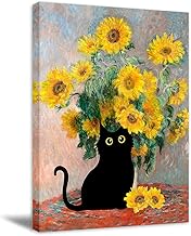 Roslynity Framed Funny Black Cat Wall Art Canvas Print Artwork Cat Lover Poster Gift Cute Room Aesthetic Claude Monet Sunflowers Ready to Hang for Living Room Bedroom Decor (12"x16" FRAMED)